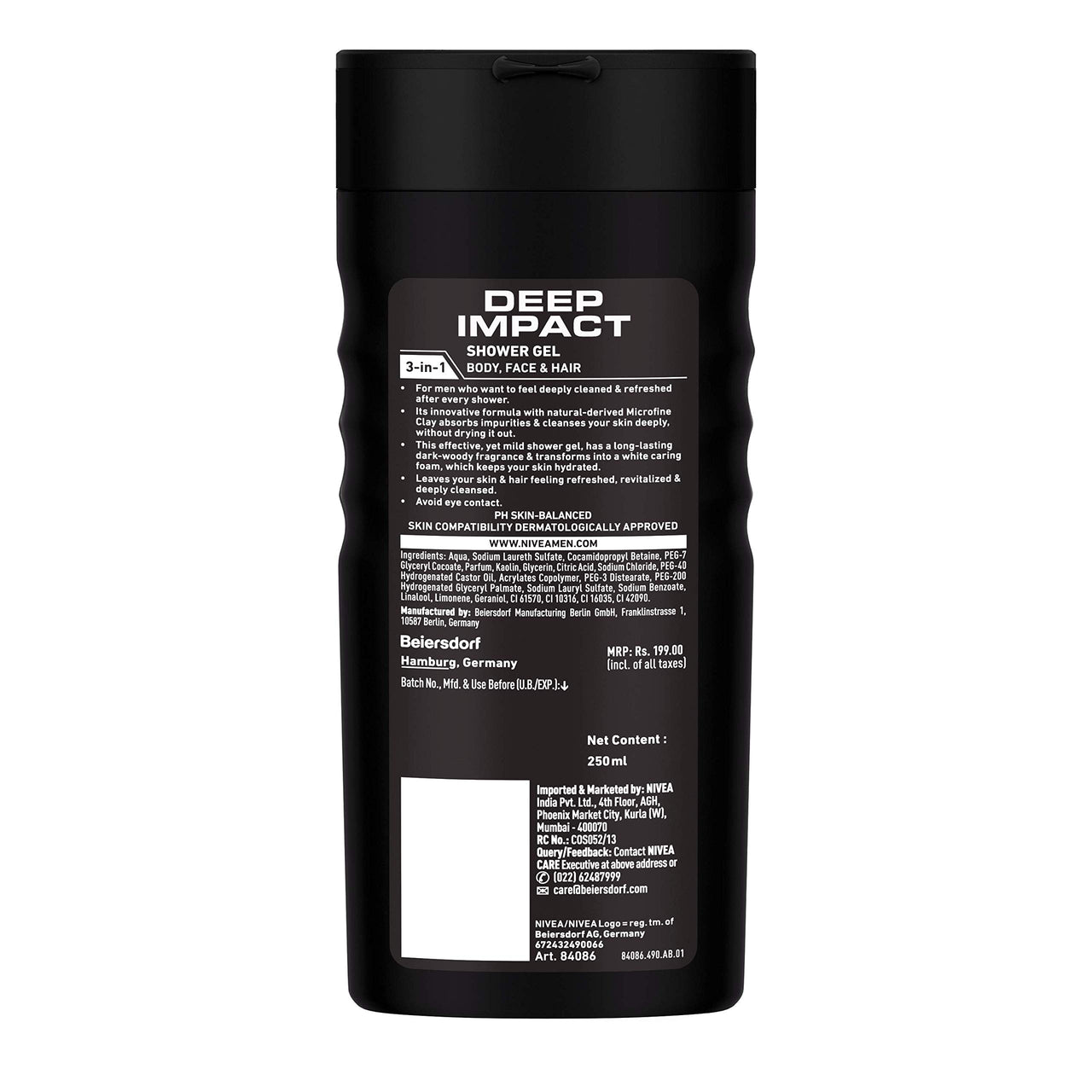 NIVEA Men Body Wash, Deep Impact Shower Gel for Body Face & Hair, 250 ml each (Pack of 3)