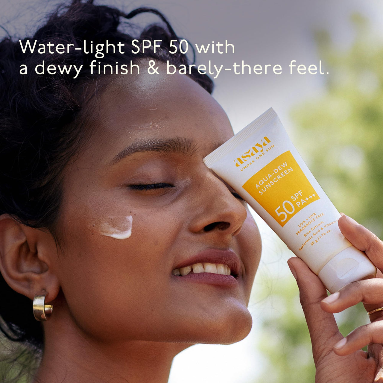 Asaya Aqua Dew Sunscreen SPF 50 PA+++ | UVA/B Light Protection | Blue Light Protect | Dewy | With Rice Extract | No White Cast | Prevents Tanning | Ultra Light Water Sunscreen | Water & Sweat Resistant | Fragrance-Free | For Even Toned & Glowing Skin | Fo