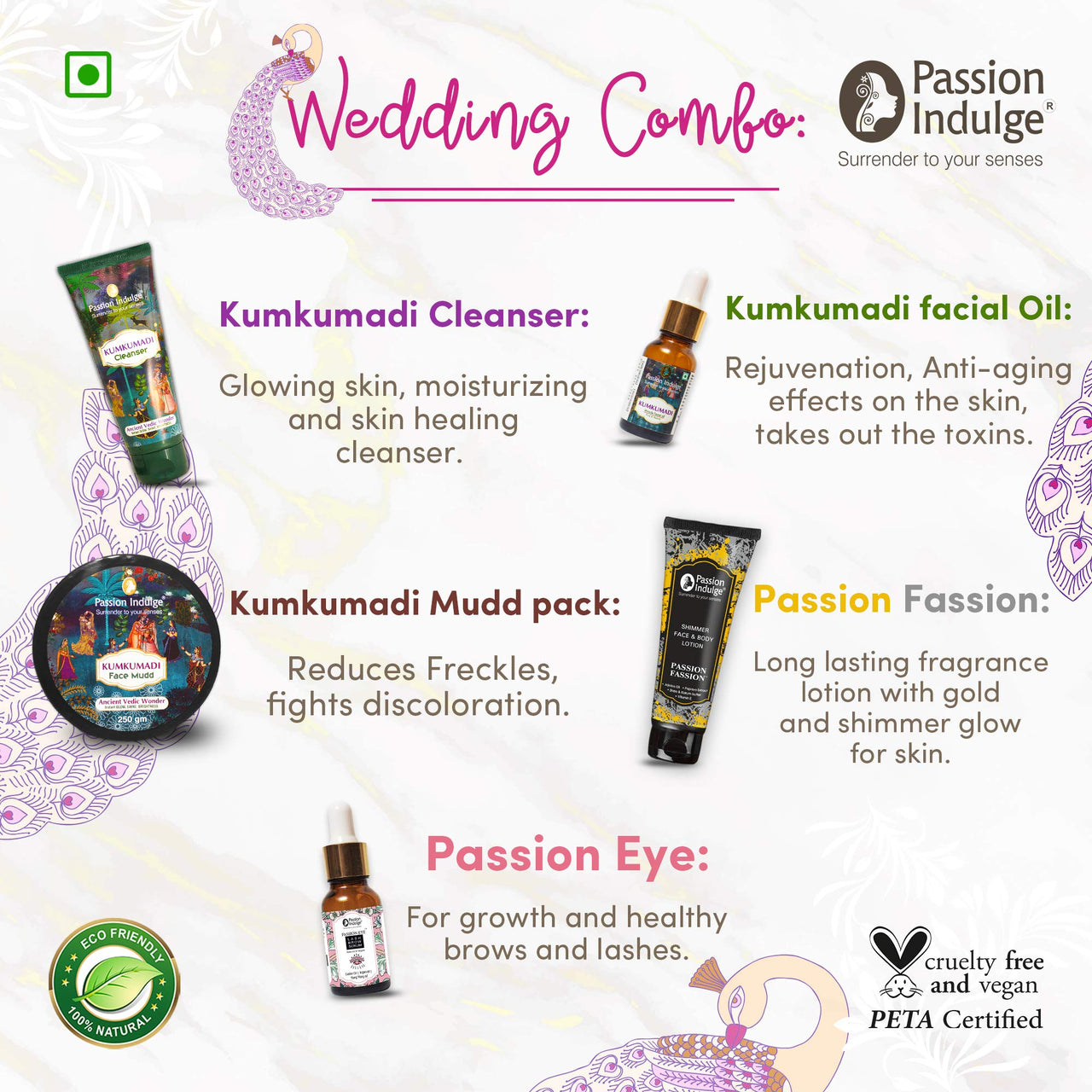 Passion Indulge Wedding Kit Face Care Combo - Kumkumadi Cleanser, Kumkumadi Oil, Kumkumadi Mudd Pack, Shimmer Lotion, Eyelash Oil | Bridal Kit | Natural Facial kit | Wedding Kit for Women