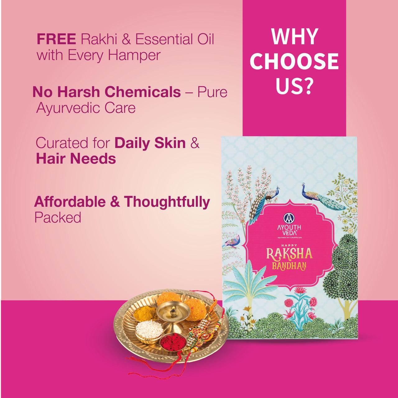 AYOUTHVEDA Raksha Bandhan Gift Set, Aloe Vera Shampoo, Charcoal Face Wash, Ultra Hydrating Face Cream, Sun Turn SPF 30, with Free Essential Oil & rakhi