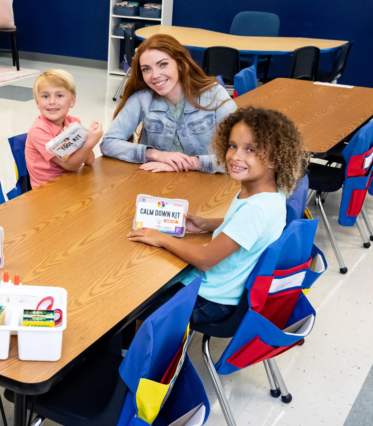Carson Dellosa 15" W x 19" H Canvas Blue and Red Chairback Buddy Pocket Chart, Classroom Chair Organizer, Classroom Chair Storage with 6 Chair Pockets and One Student Name Tag, Seat Storage Organizer 1 pack Blue & Red