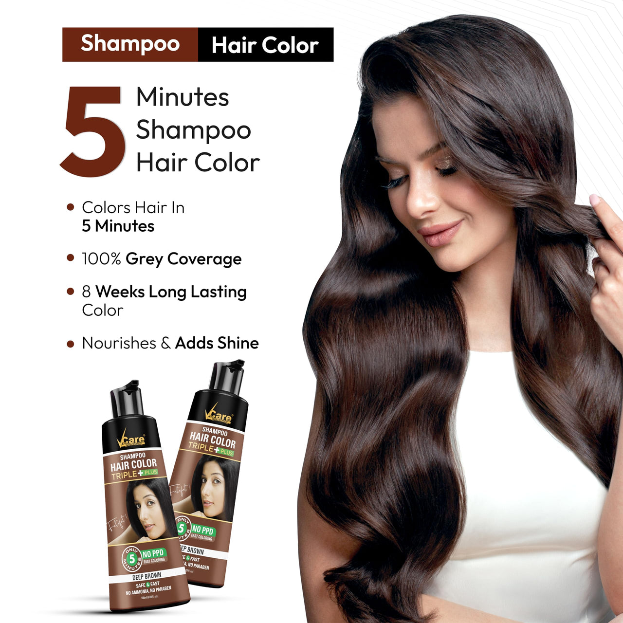 VCare Hair Colour Shampoo for Men and Women, 180ml, Deep Brown | No Ammonia | Long Lasting Hair Color | 100% Grey Coverage | Easy To Use Hair Colour At Home