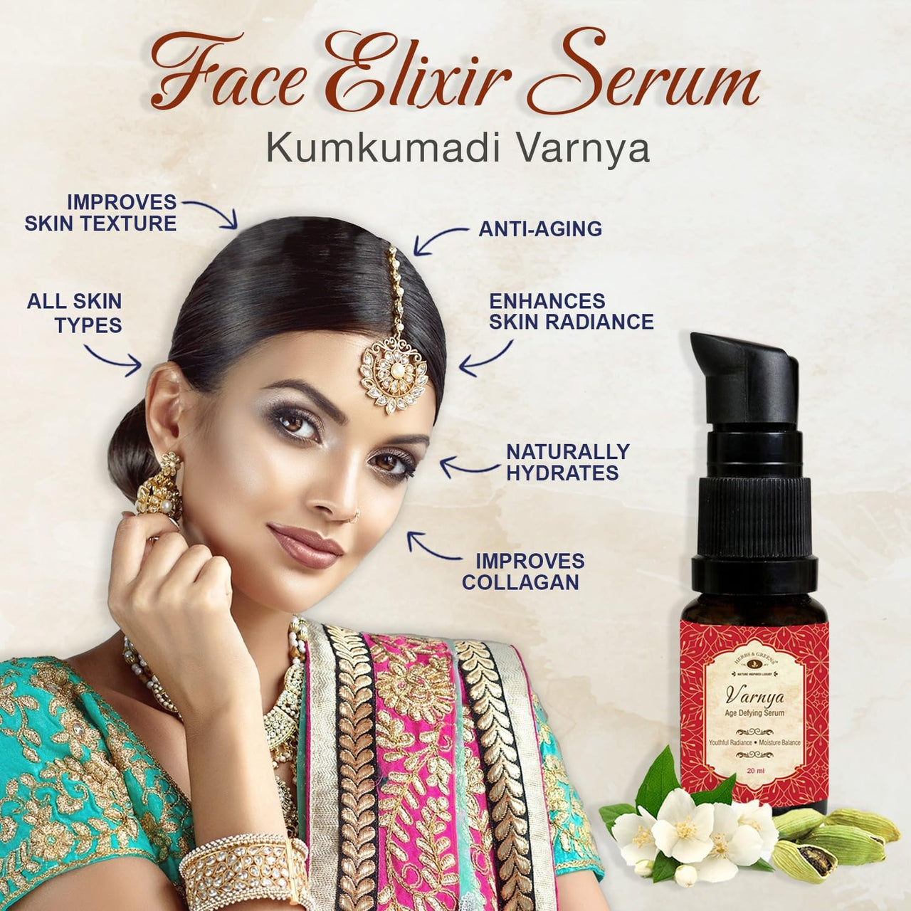 Herbs & Greens Ayurvedic Kumkumadi Advanced Face Serum For Glowing Skin, Dull and Uneven Skin, Day & Night Ultra Light Brightening Face Oil Tailam For Woman & Men | 34Herbs | 20 ML