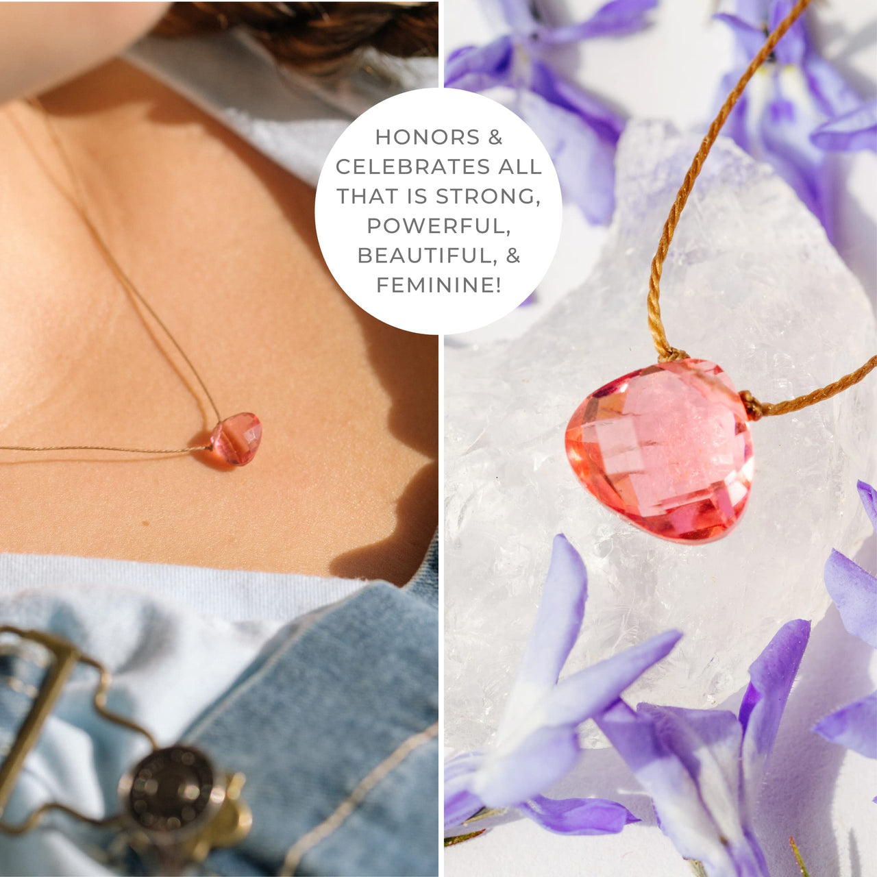 SoulKu Soul Shine Handmade Necklace, Empowering Jewelry With Healing Crystal, Inspirational Jewelry For Women, Mom & Sister, 2"" Extender With Lobster Clasp, 16"" Nylon Cord (Pure Pink, She Persisted)