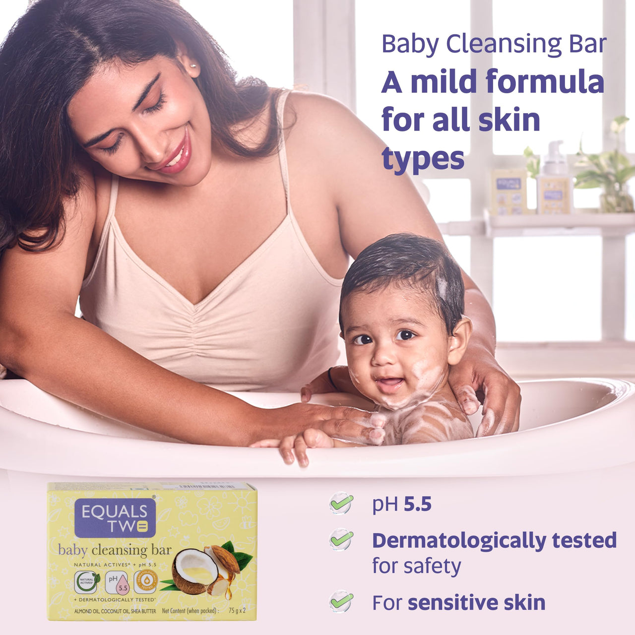 EQUALSTWO Baby Care Combo of Massage Oil (100ml) + Baby Cleansing Bar (75gm x 2) + Baby Moisturizer (200ml), All Skin Types, Hypoallergenic & Dermatologically Tested, Pack 3