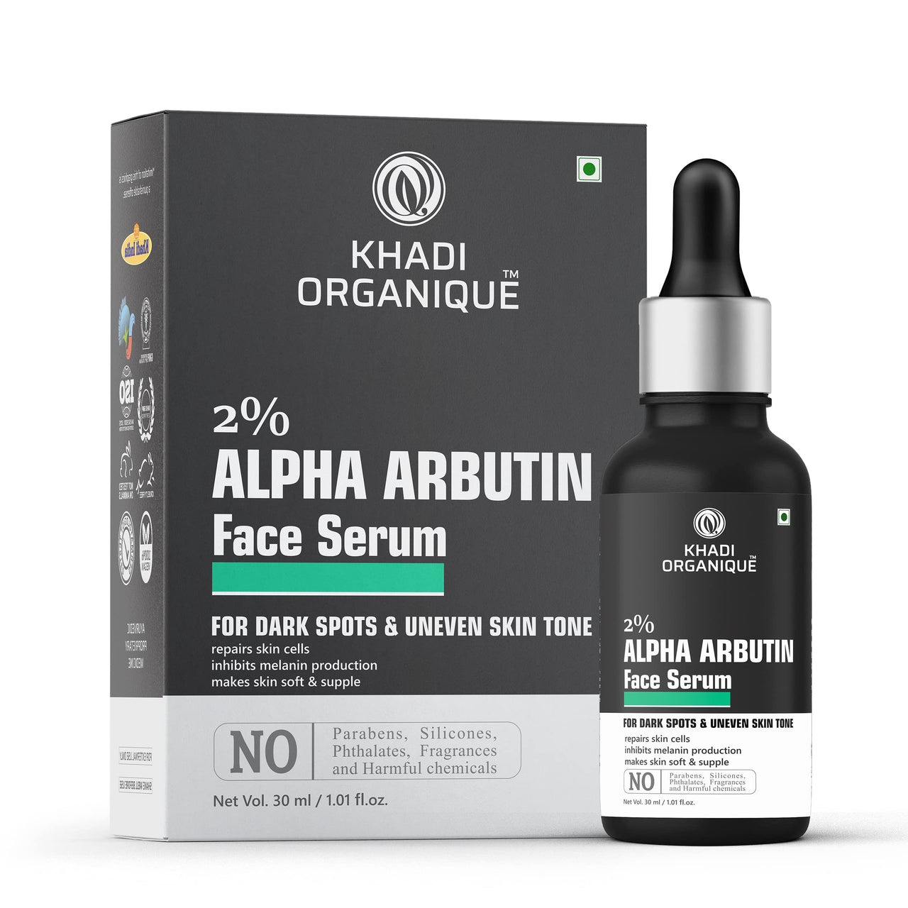 Khadi Organique Alpha Arbutin 2% + Hyaluronic Acid 1% Face Serum for Pigmentation & Dark Spots, Anti-pigmentation, Blemishes, Acne Marks & Tanning For Men & Women, 30Ml