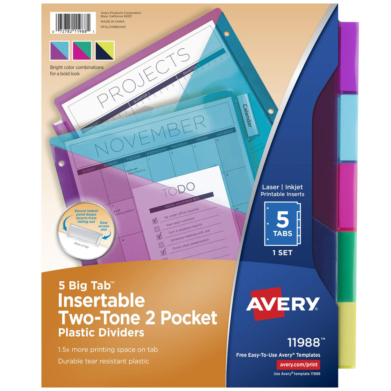 Avery Big Tab Insertable Plastic 2 Pocket Dividers for 3 Ring Binders, 5 Tab Set, Bright Two-Tone Multicolor, Works with Sheet Protectors, 1 Set (00031)
