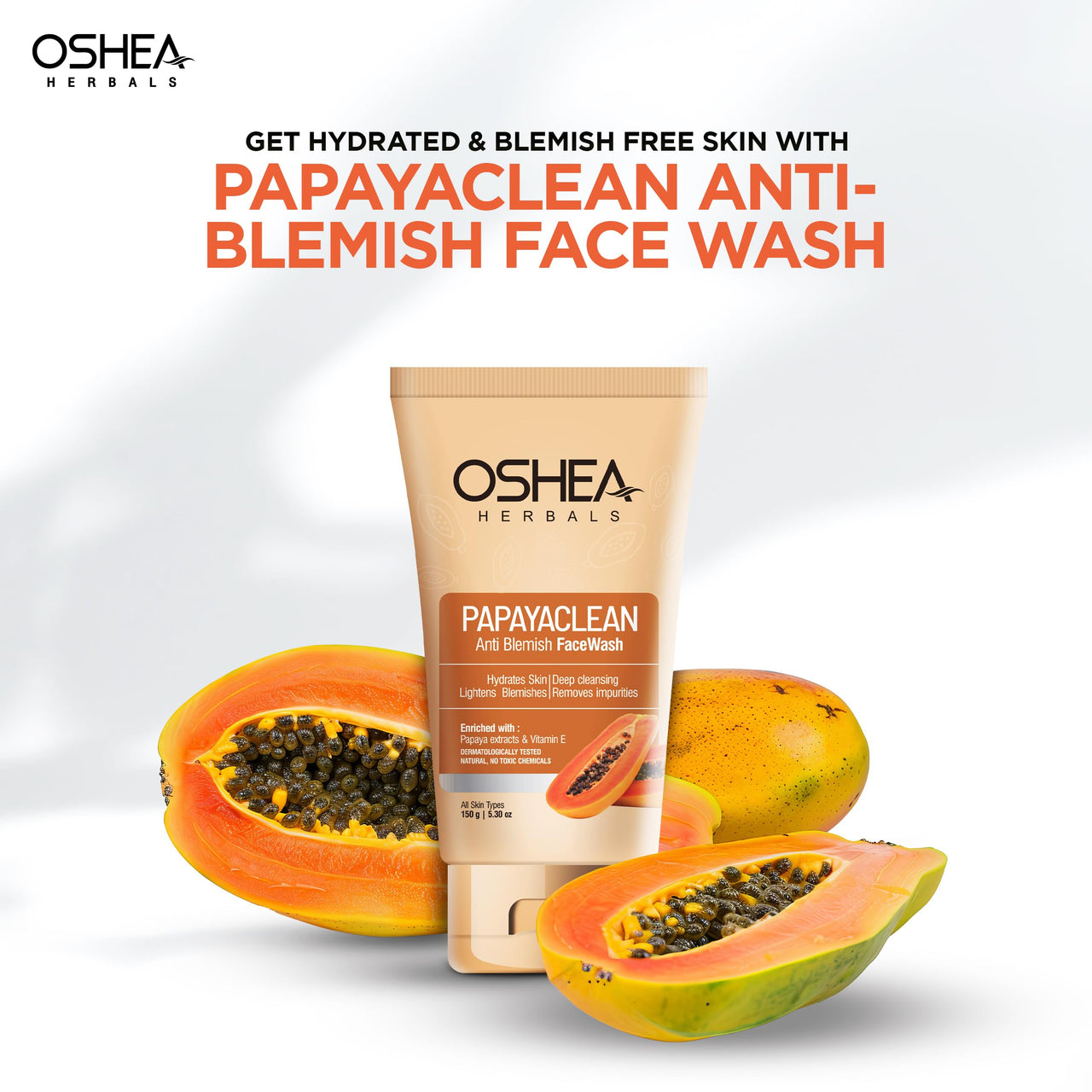 Oshea Herbals Papayaclean Anti Blemishes Gel Face Wash for Women & Men | Hydrating Face Wash for All Skin Types | Lightens Blemishes & Brightens Skin with Papaya Extracts & Vitamin E - 100gm (Pack of 2)