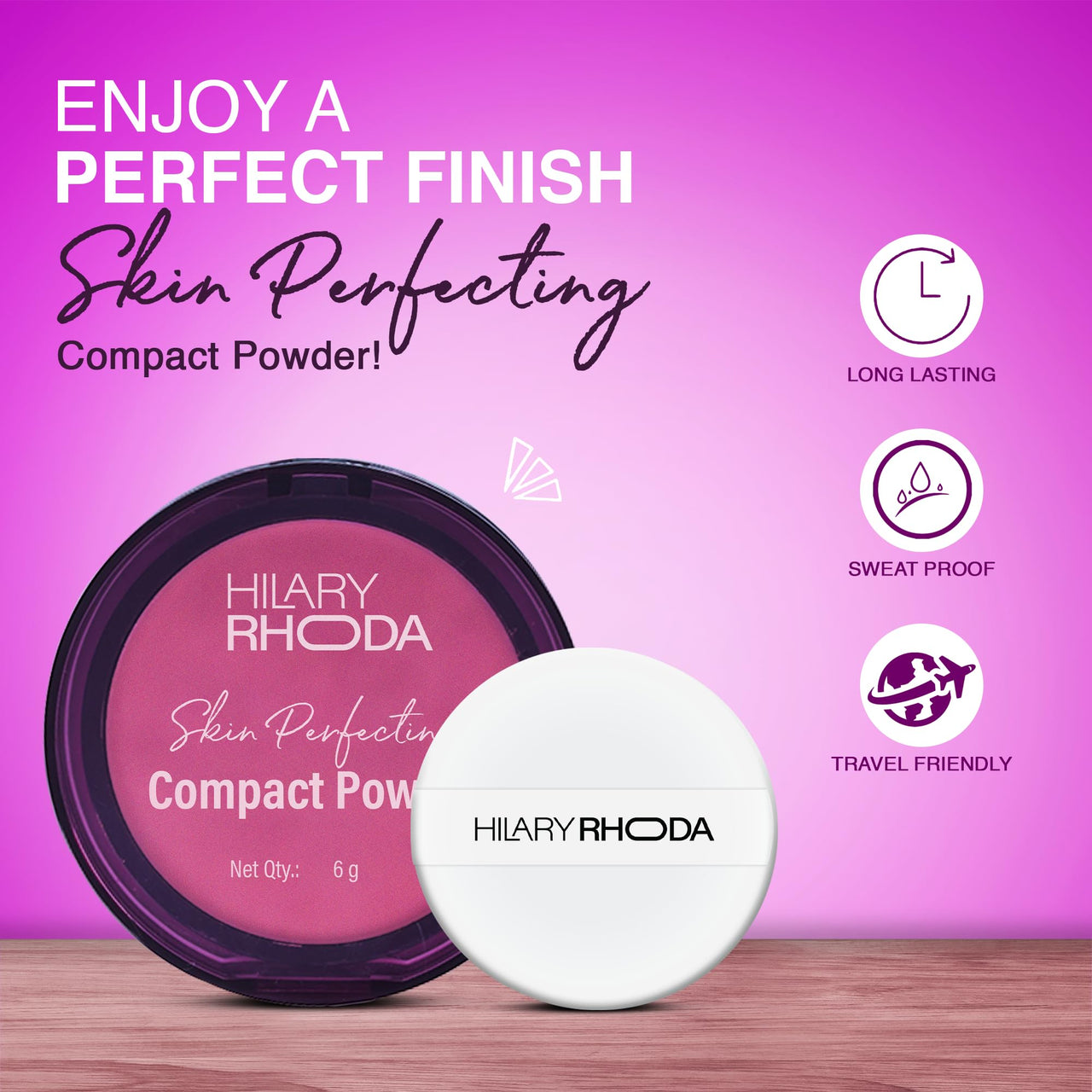 Hilary Rhoda Skin Perfecting Compact Powder | Oil Control & Matte Finish | Buildable Coverage | Blends Easily | Hides Imperfections | 6g (Vanilla Creme | Shade 01)
