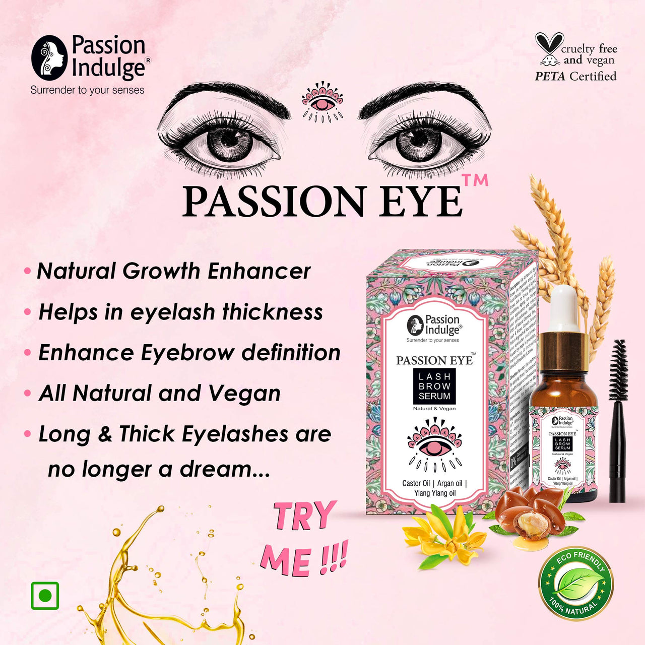 Passion Indulge Eye Lash Brow Serum for Eyebrow and Eyelashes with Castor, Argan, Ylang Ylang and Lavender Oil - 10ml | Growth of Eyebrow and Eyelashes | Maintain the Thickness, White, 50 g