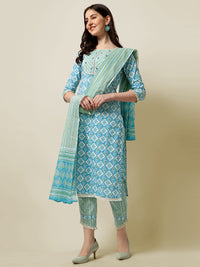 SOURBH Women's  Straight Fit Cotton Floral Printed and Embellished Kurta Set with Trouser Pant and Dupatta