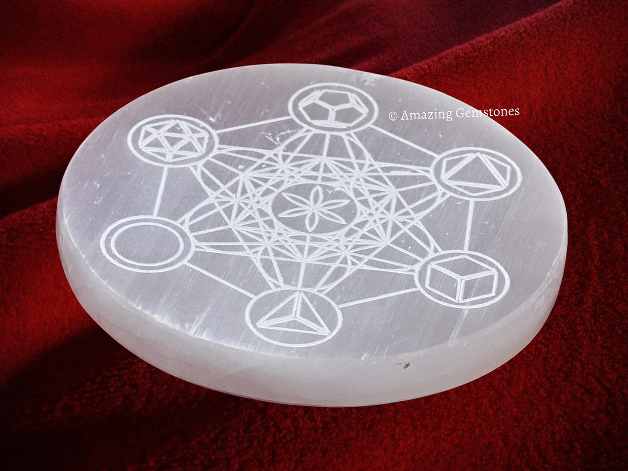 Selenite Crystal Charging Plate For Crystals And Healing Stones, 4.5" Selenite Crystal Plate Engraved Platonic Metatron Cube Coaster For Home Office Table Decor (Selenite Round Disc) Metatron (Platonic Solid)