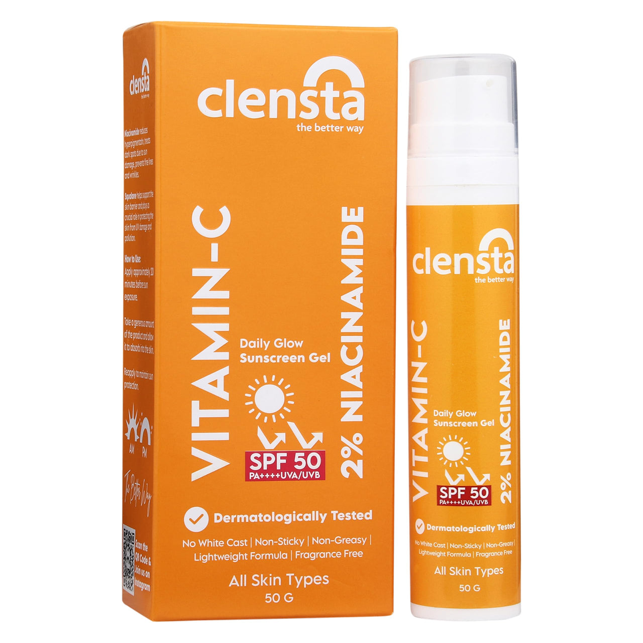 Clensta Daily Glow Sunscreen Gel Spf 50 Pa++++ With Vitamin C, Niacinamide & Squalane, Uva/Uvb Filters - No White Cast, Lightweight & Anti-Tan Formula|For Men & Women, 50 Gm|For All Skin Types