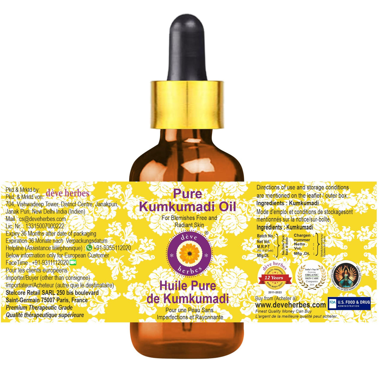 Deve Herbes Kumkumadi Face Oil (Tailam) | Traditionally Extracted | Pure | Saffron-Enriched | Non-Sticky | Lightweight | Ancient Ayurvedic Blend | For All Skin Types | Men & Women | 10ml