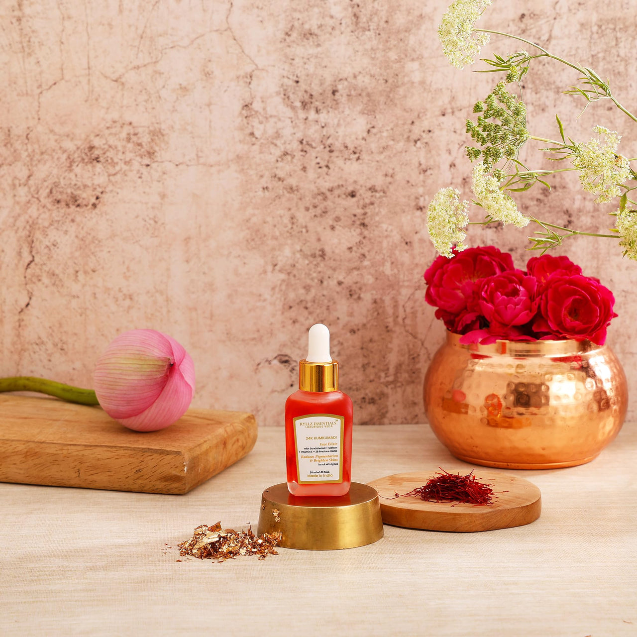 RYLLZ ESSENTIALS 24K Kumkumadi Elixir | Kumkumadi Tailam with 24K Gold, Red Sandalwood, Saffron & 28 Precious Herbs | for Dull Skin, Wrinkle, Dark Spots & Pigmentation | 30ML