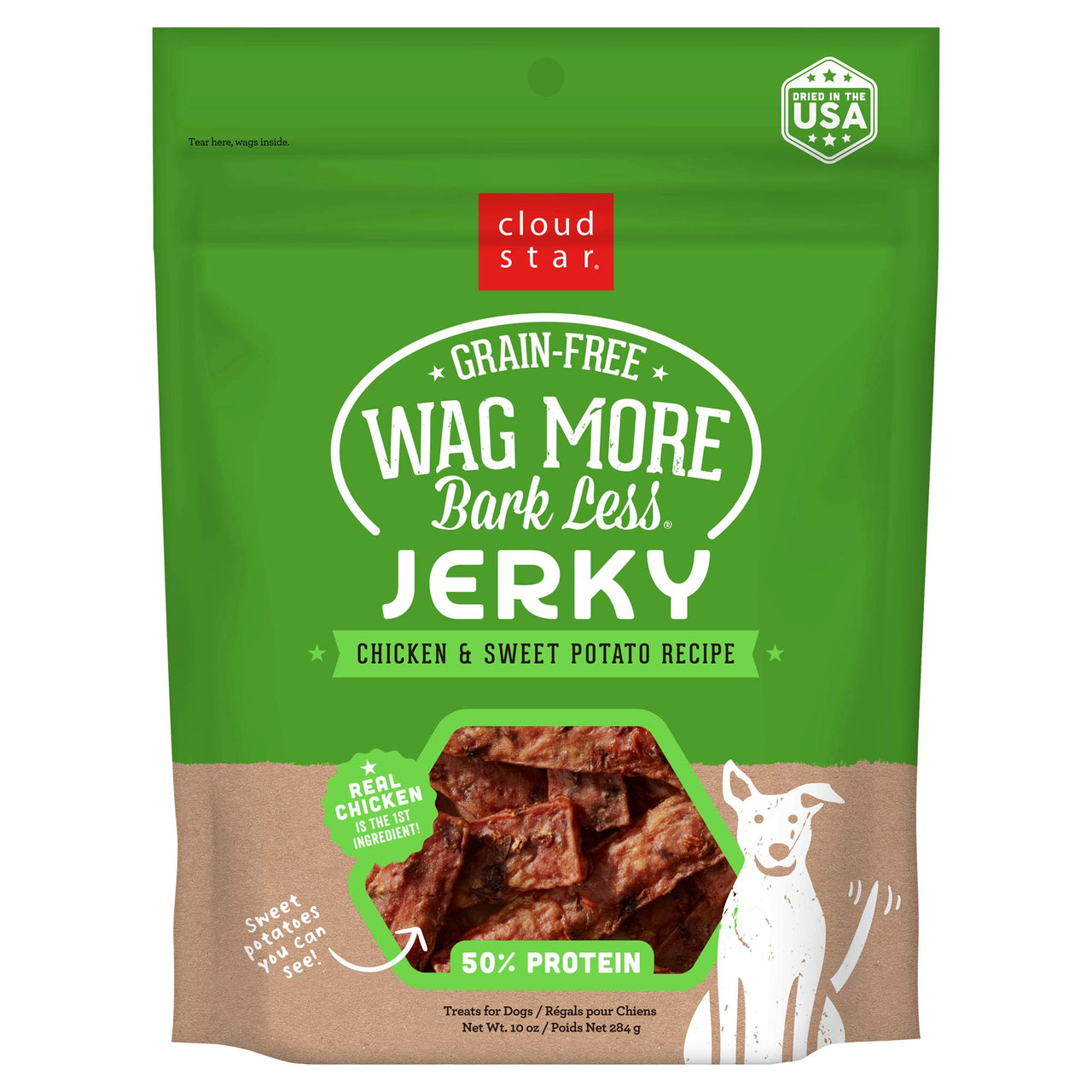 Cloud Star Wag More Bark Less Chicken & Sweet Potato Recipe Grain-Free Jerky Dog Treats 10 Ounce Bag, Model: 693804191113