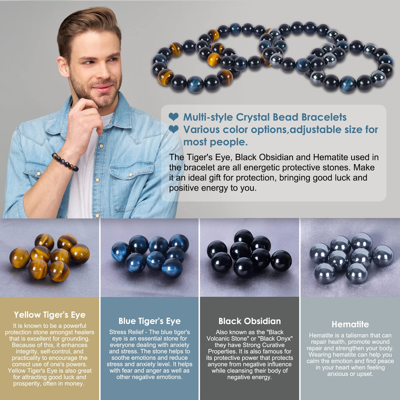 Vicsoon Triple Protection Bracelets for Men Women, Handmade Bracelet with 14mm Blue Tigers Eye Beads Black Obsidian and Hematite, Healing Crystal Jewelry Stone Bracelets Bring Luck and Happiness Blue Black