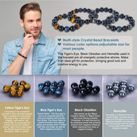 Vicsoon Triple Protection Bracelets for Men Women, Handmade Bracelet with 14mm Blue Tigers Eye Beads Black Obsidian and Hematite, Healing Crystal Jewelry Stone Bracelets Bring Luck and Happiness Blue Black