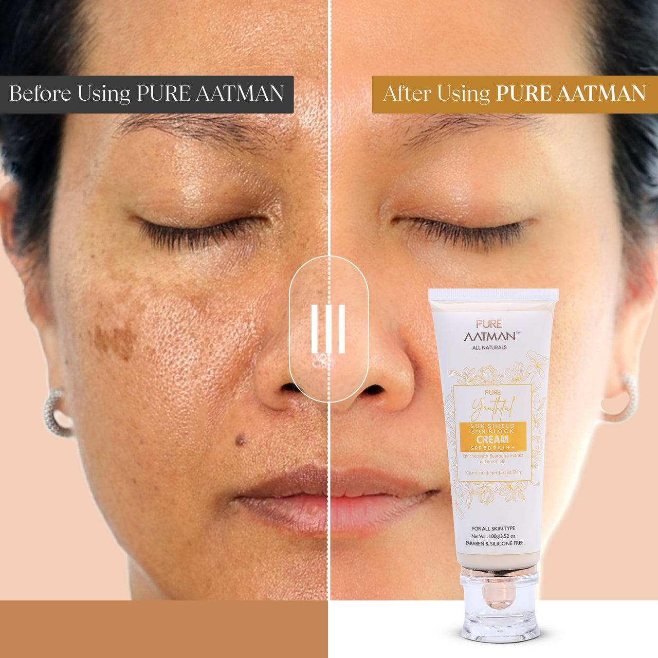Pure Aatman SPF 50 PA+++ High Protection Sunscreen with Bearberry & Lemon Oil | Broad-Spectrum Protection & Skin Brightening | Lightweight, No White Cast | Only Natural Ingredient Used | Result Oriented | For Both Men & Women