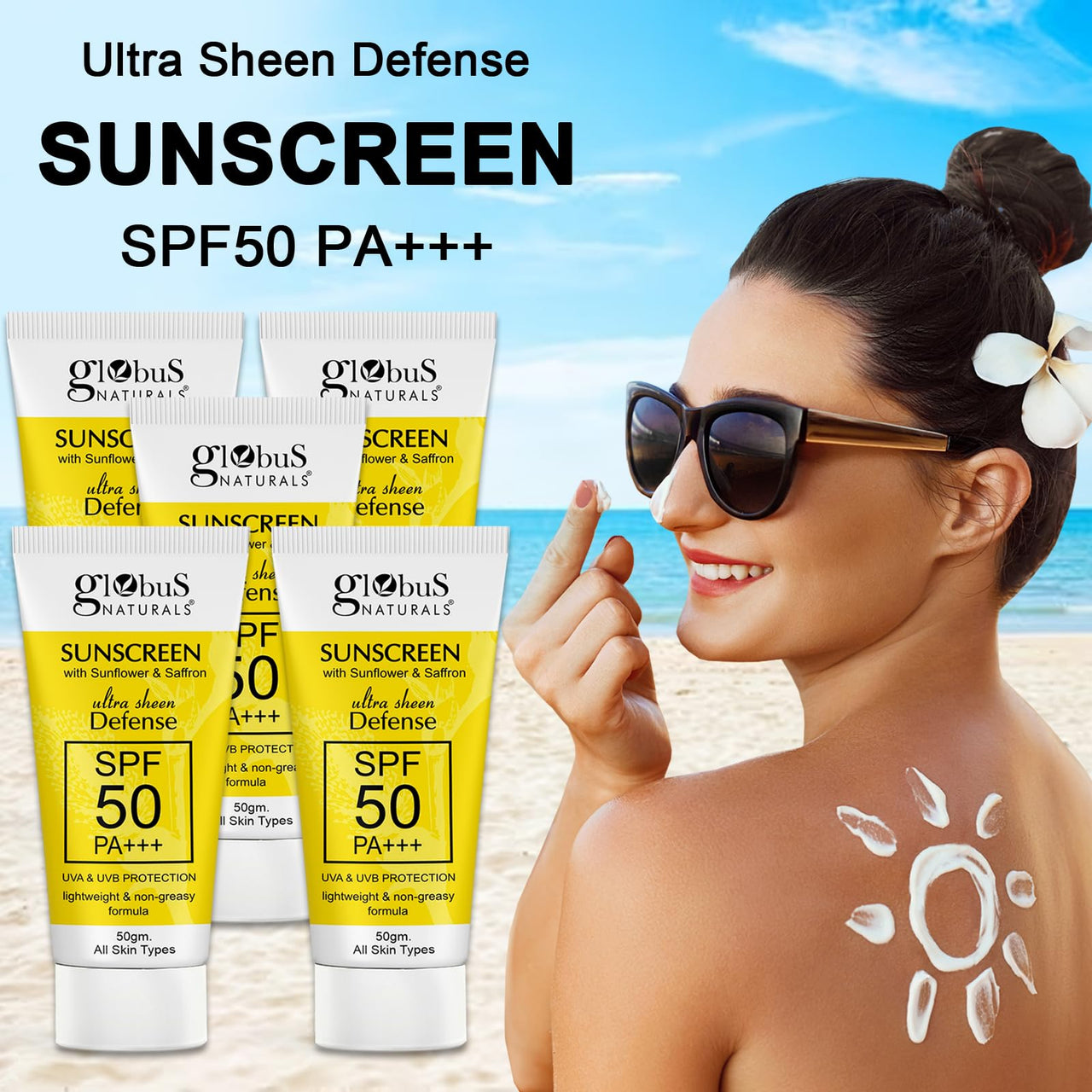 Globus Naturals Sunscreen with Ultra Sheen Defense, SPF 50 PA+++, UVA & UVB Protection, Lightweight & Non-greesy Formula, Normal to Oily Skin, 50 gm (Pack of 5)
