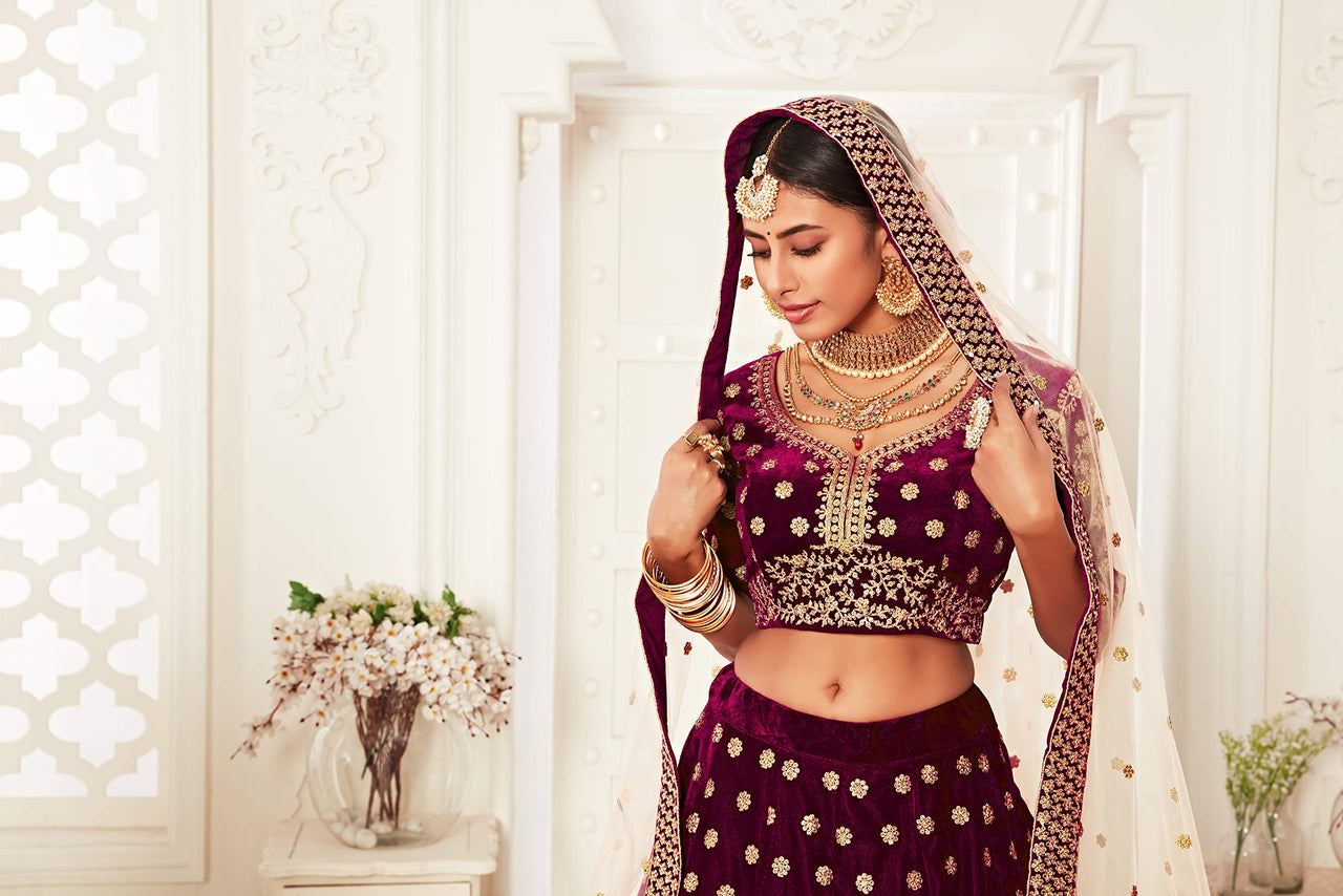 Zeel Clothing Women's  Velvet Semi stitched Lehenga