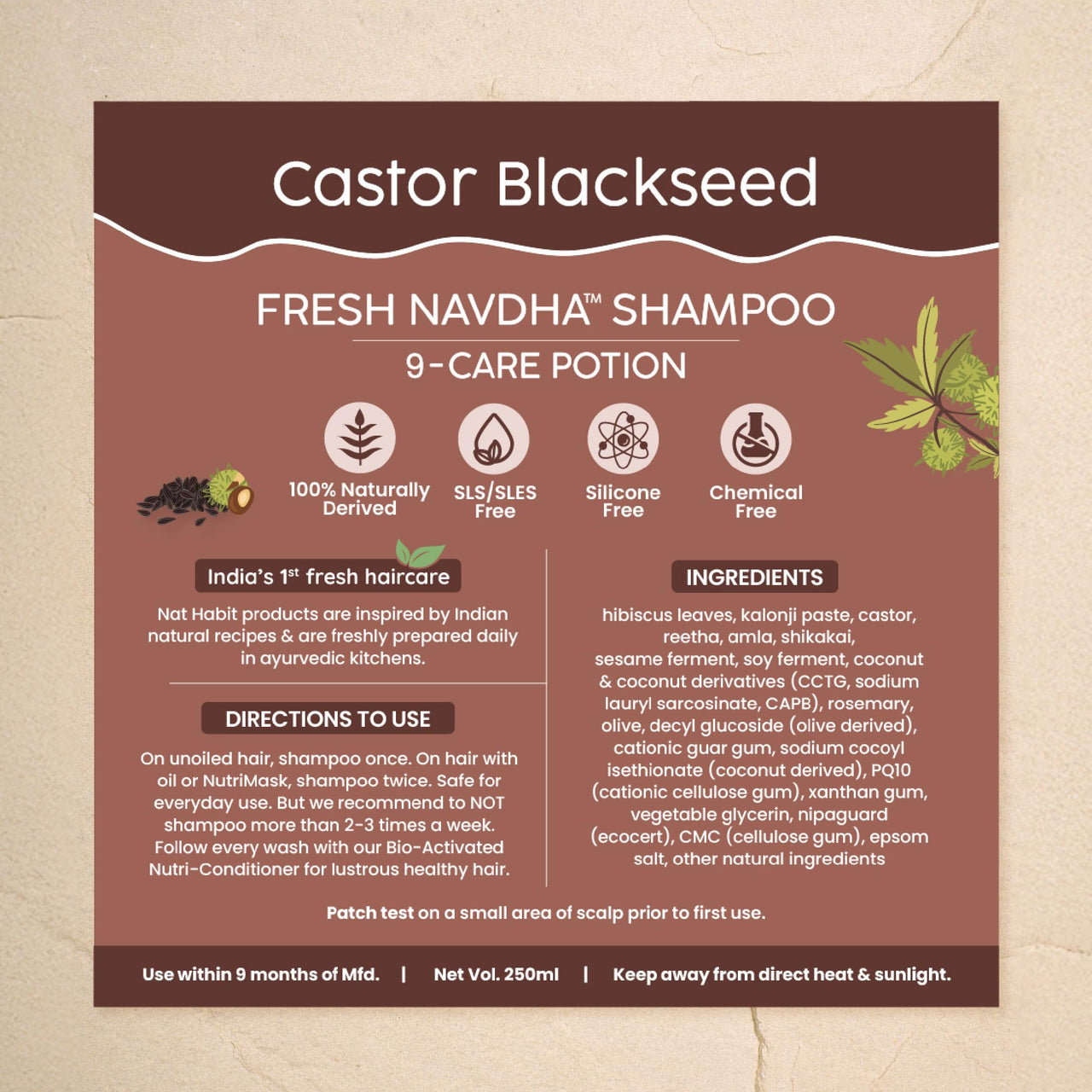Nat Habit Castor Blackseed Navdha Shampoo - Natural Cleanser for Men, Enhances Immense Shine, Retains and Imparts Moisture, For Strong & Sunny Shine Hair, 250ml