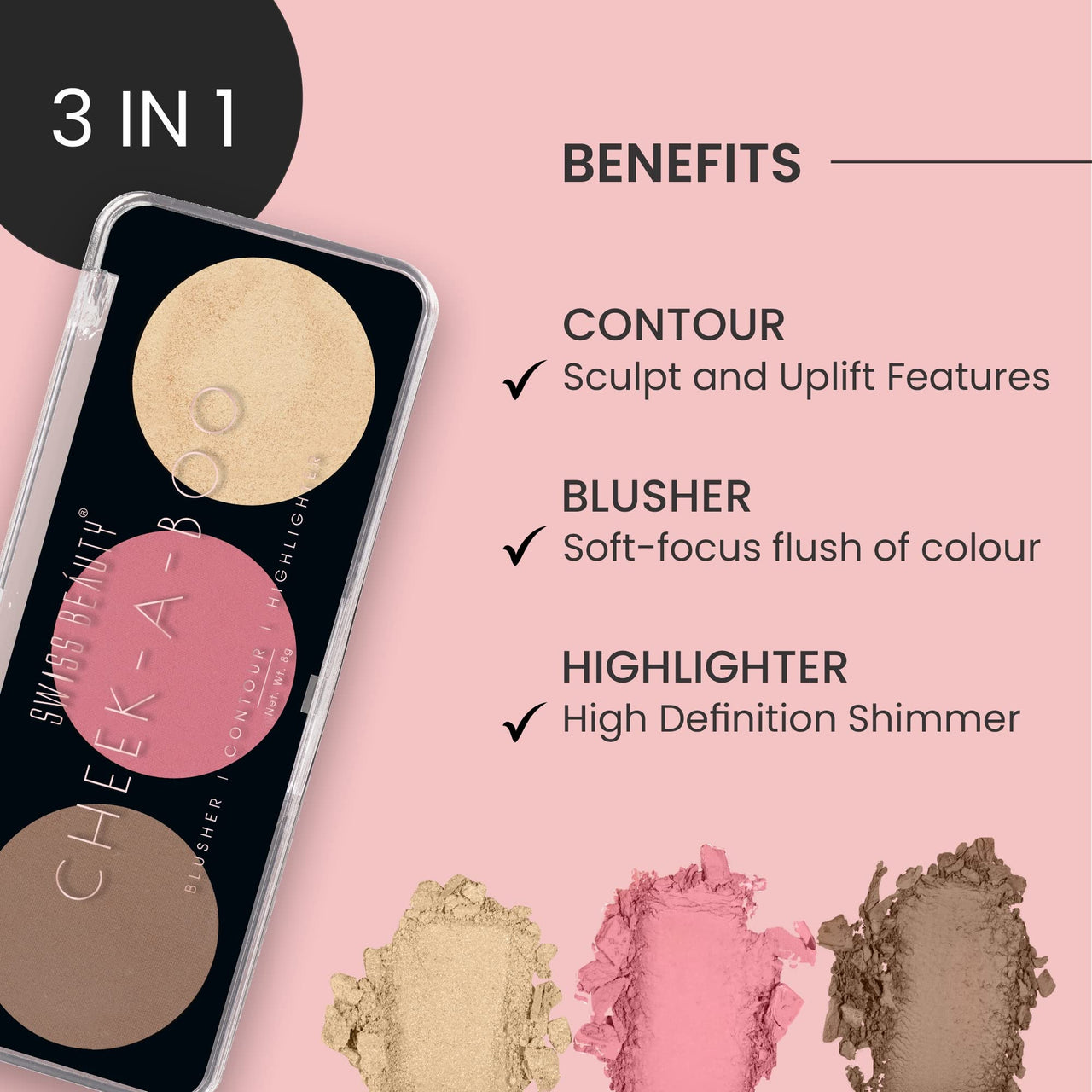 Swiss Beauty Cheek- A- Boo Face Palette With Blusher, Contour And Highlighter | Highly Pigmented And Easy To Blend Shades | Shade - 03, 8Gm|