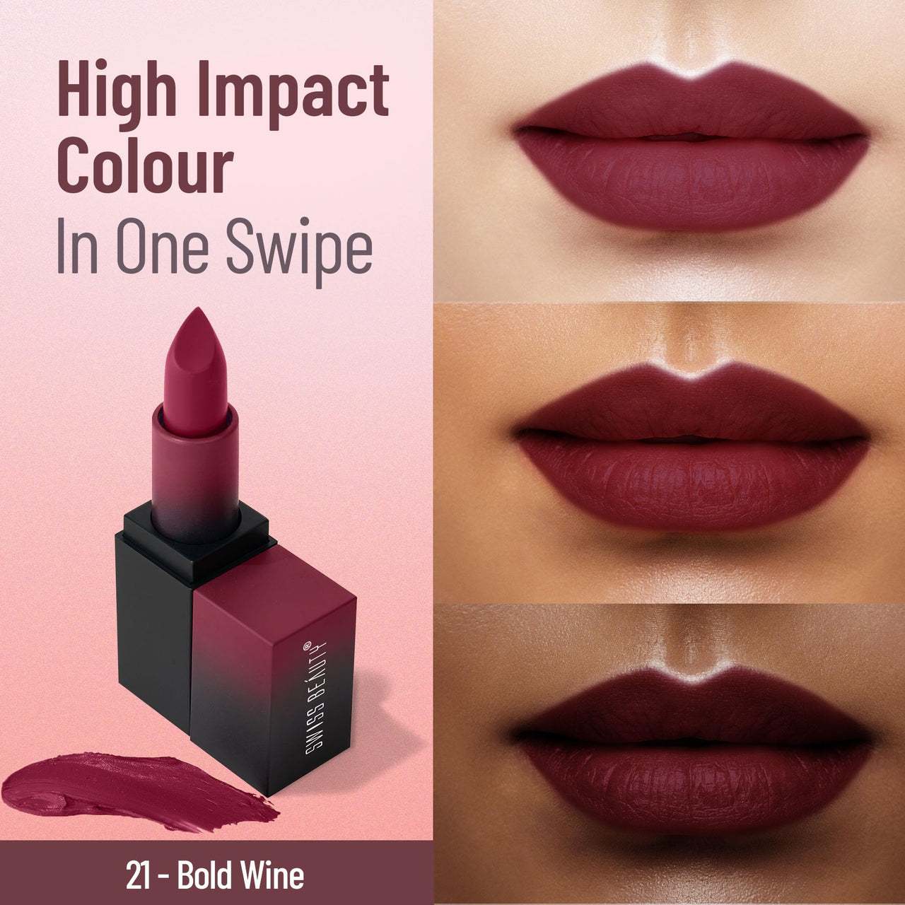 Swiss Beauty Hd Matte Pigmented Smudge Proof Lipstick | Creamy Matte Long Stay Lipstick | Bold Wine, 3.4g