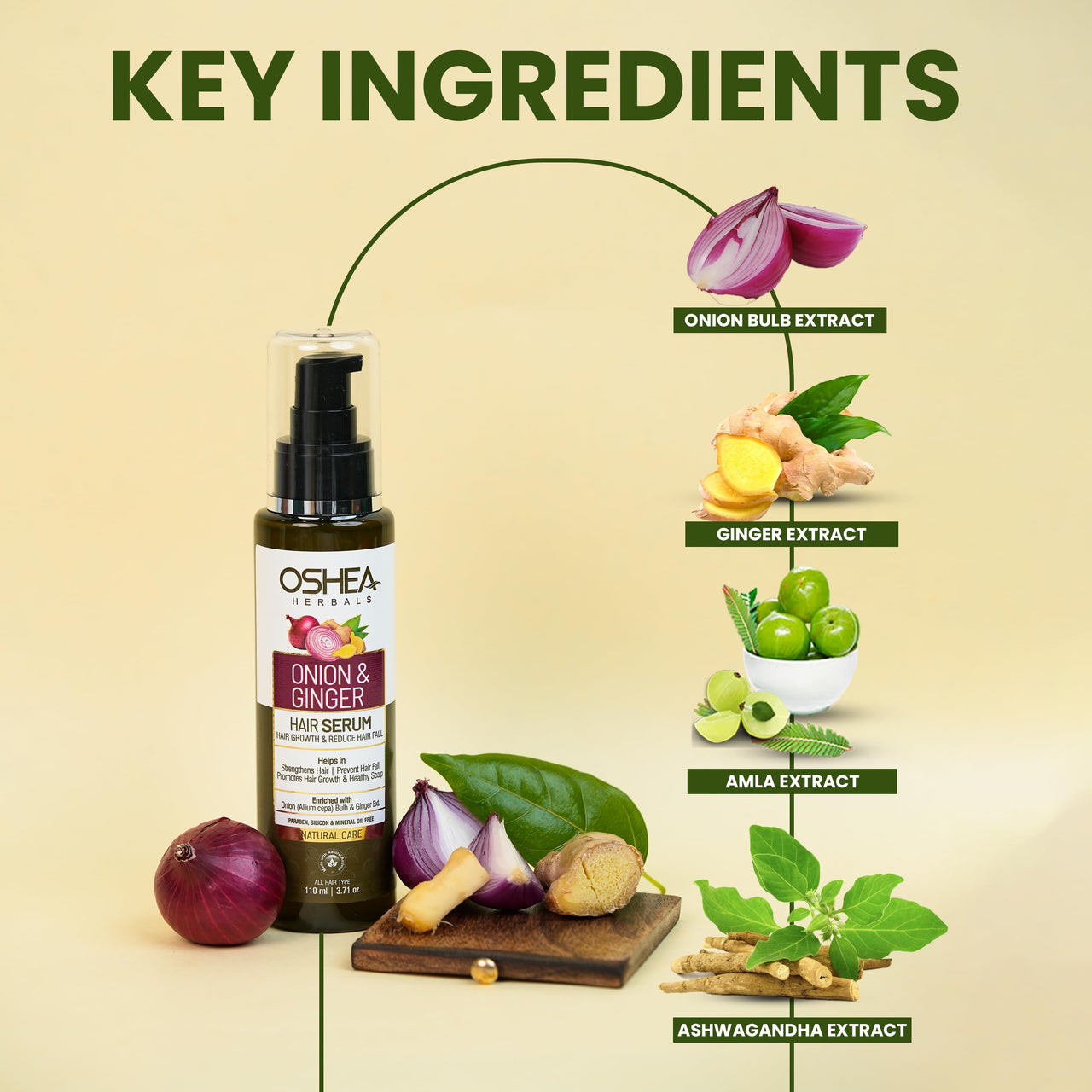 Oshea Herbals Natural Hair Growth Serum | Strengthens Hair, Prevent Hair Fall & Promotes Hair Growth with Healthy Scalp | Enriched with Onion Bulb & Ginger Extract - 110ml