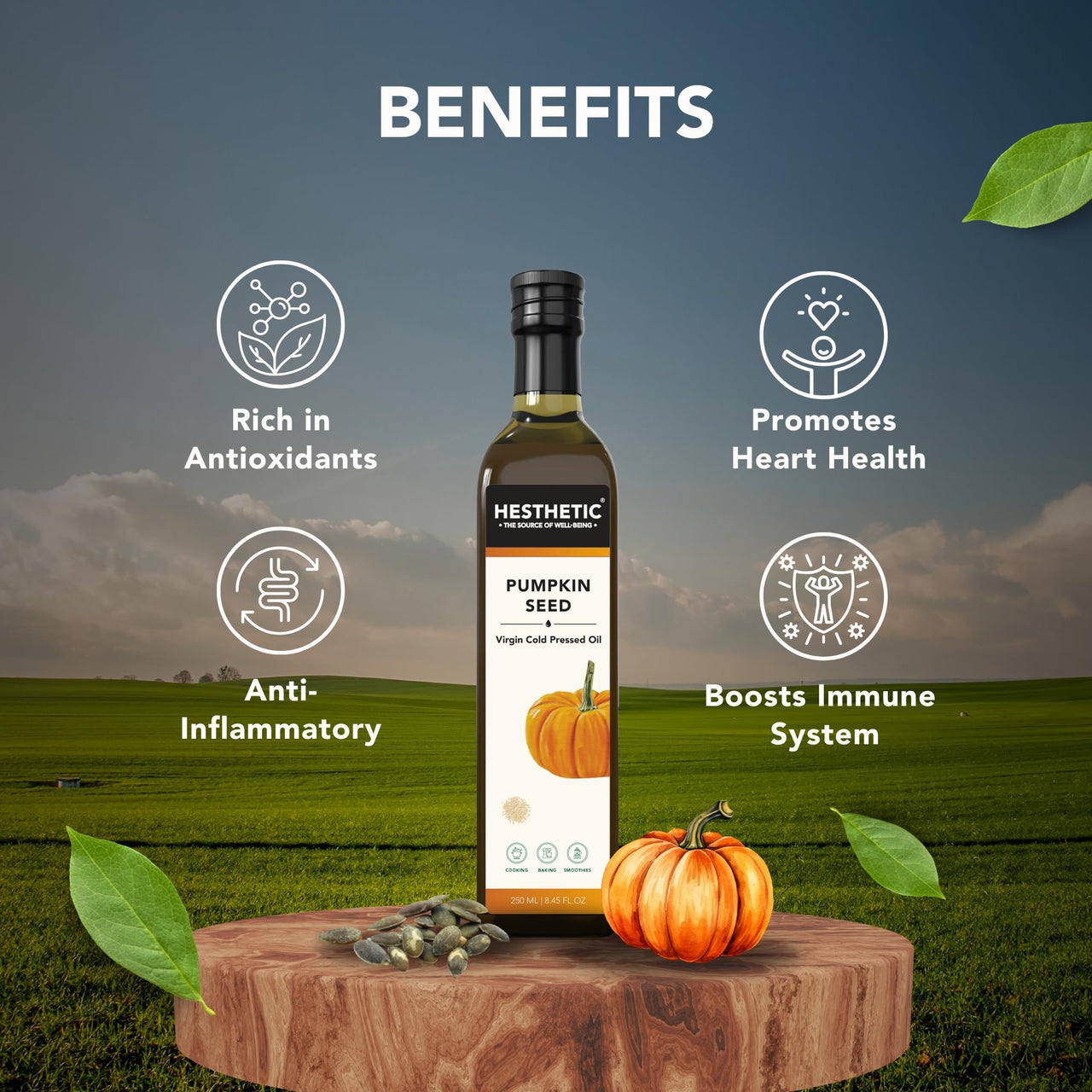 Hesthetic - Edible Cold Pressed Pumpkin (Kaddu) Seed Oil | 250ml | Rich in Healthy Fats, Ideal for Cooking, Frying & Salad Dressings | 100% Pure & Natural | Food Grade Virgin Oil | Glass Bottle