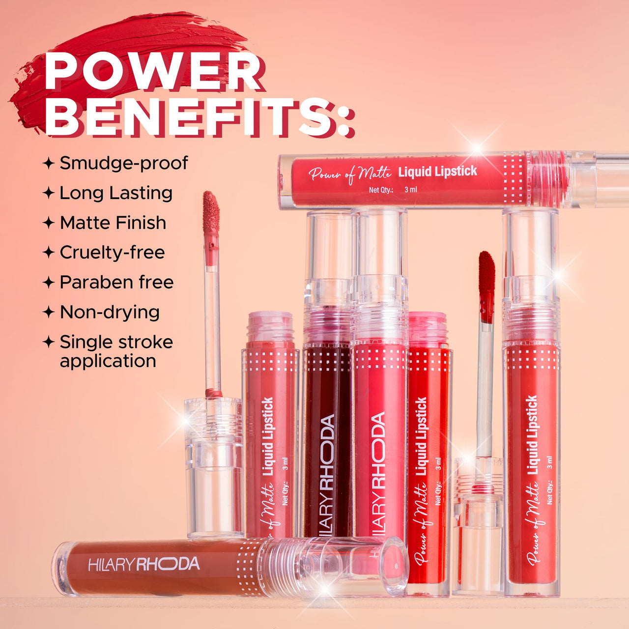 Hilary Rhoda Power Of Matte Liquid Lipstick | Buildable Colour | Long Lasting & Matte Finish | Lightweight & Non-Drying Formula | Smudge Proof & Non-Transferable | 3ml (Pink Candy - Shade 05)
