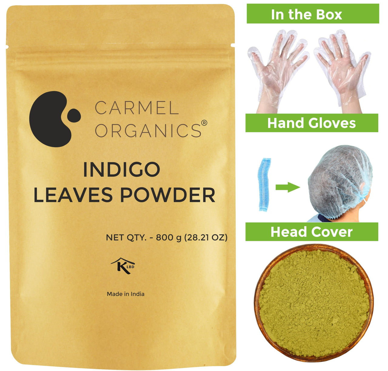 CARMEL ORGANICS Indigo Leaves Powder (800 Grams) – Natural Hair Colorant for Black/Brown Hair, Includes Gloves & Hair Cap, No Added Colors or Preservatives, Avuri Akulu, Indigofera