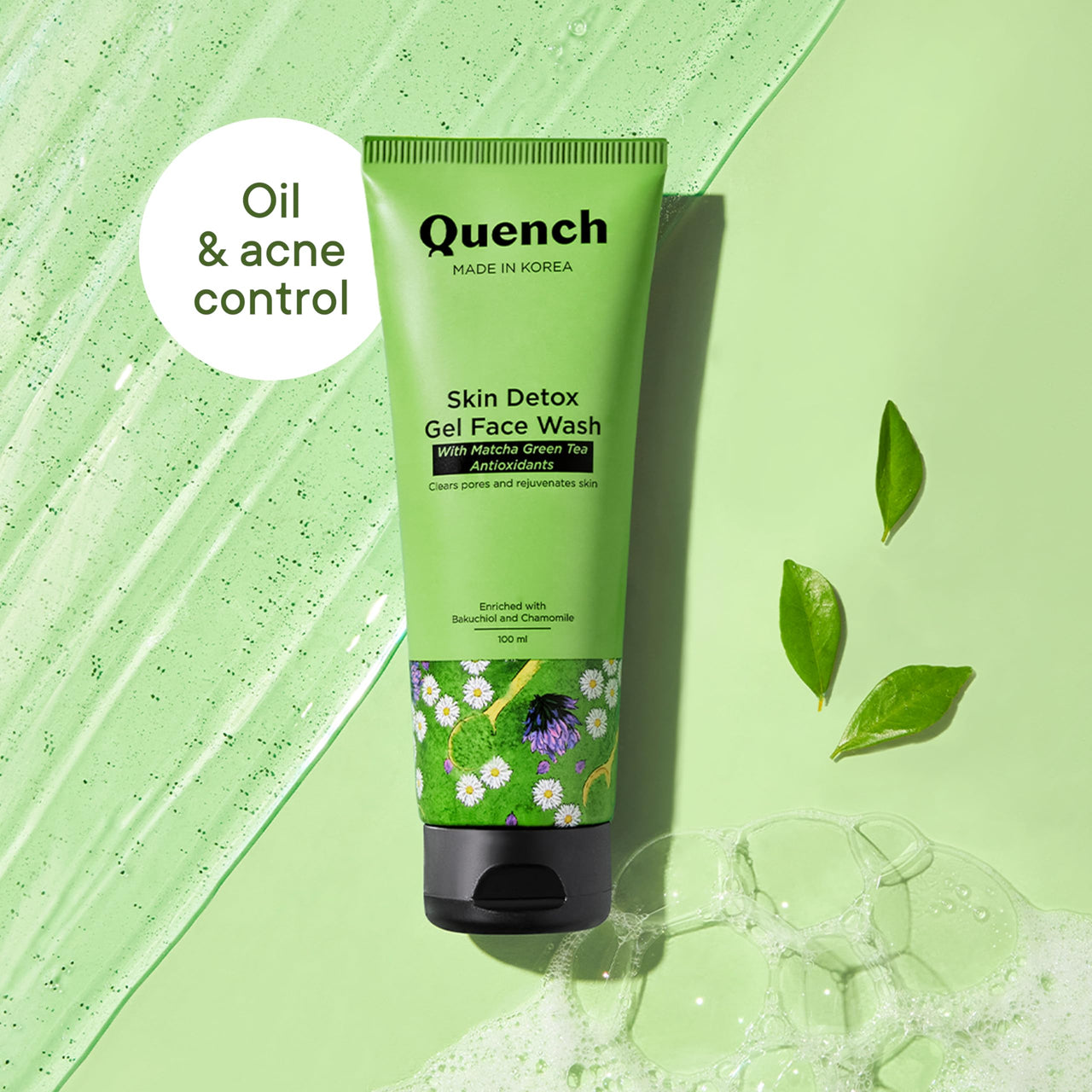 Quench Skin Detox Gel Face Wash with Matcha Green Tea Anti-Oxidants | Korean Face Wash for Oily & Acne-Prone Skin | Made in Korea (100ml)
