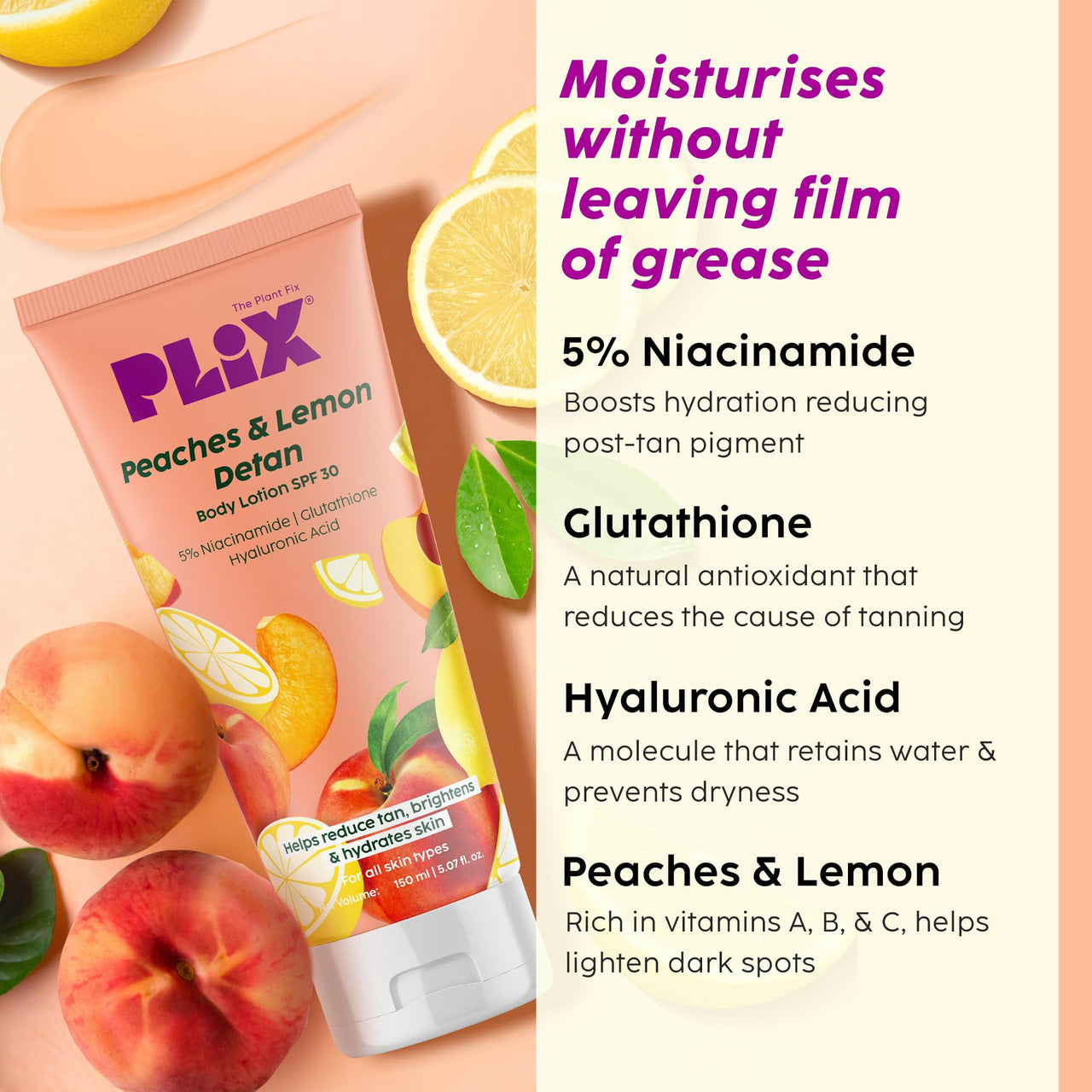 PLIX - THE PLANT FIX Peaches & Lemon Detan Bump Eraser Scrub (200g), Body Lotion SPF 30 (150ml), & Pineapple Smooth Skin Juicy Body Wash (236ml) | Removes Tan, & Smoothens Strawberry Skin
