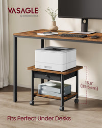 VASAGLE Printer Stand, Under Desk Printer Stand with Wheels, Drawer with Divider, Bottom Shelf, Fits Inkjet, Laser, Photo, All-in-One Printers, Home Office, Rustic Brown and Ink Black UOPS004B01 2-Tier with Drawer