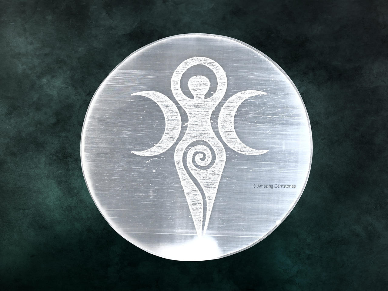Selenite Crystal Charging Plate For Crystals And Healing Stones, 4.5" Selenite Crystal Plate Engraved Goddess Moon Coaster For Home Office Table Decor (Selenite Round Disc)