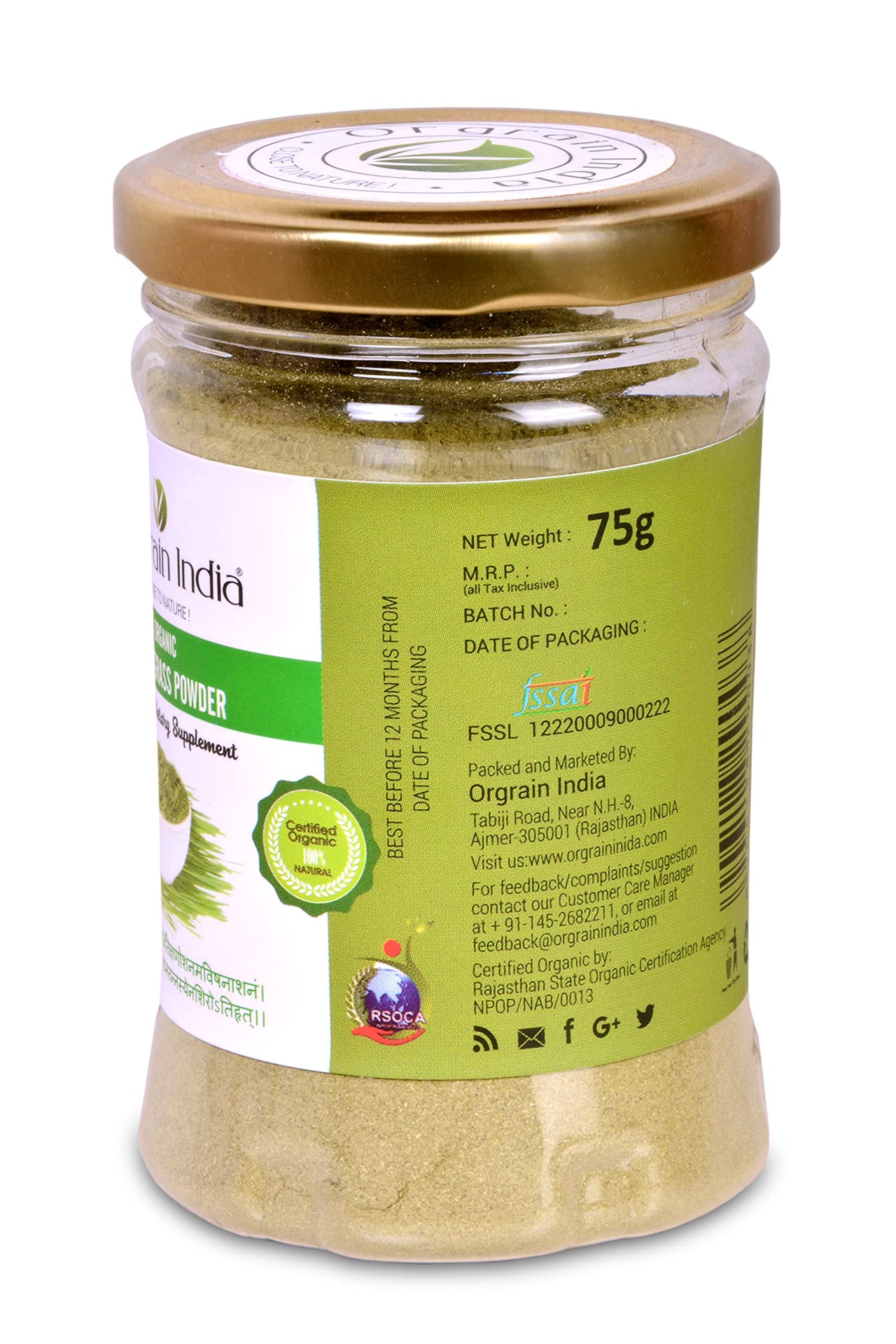 Orgrain India Organic Wheatgrass Powder 150g (Pack of 2 * 75g) | Company-Owned Farmlands