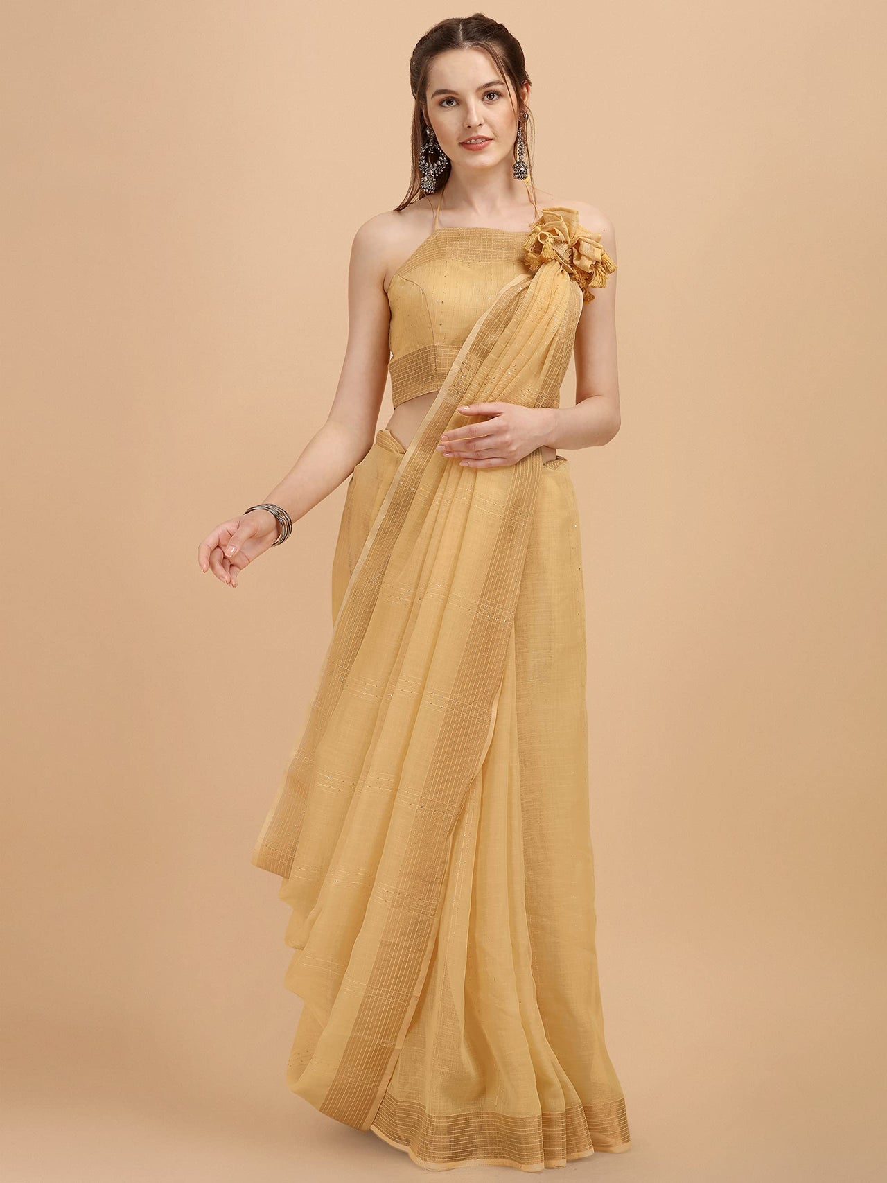 DUNGRANI Women's  Linen Saree With Blouse Piece