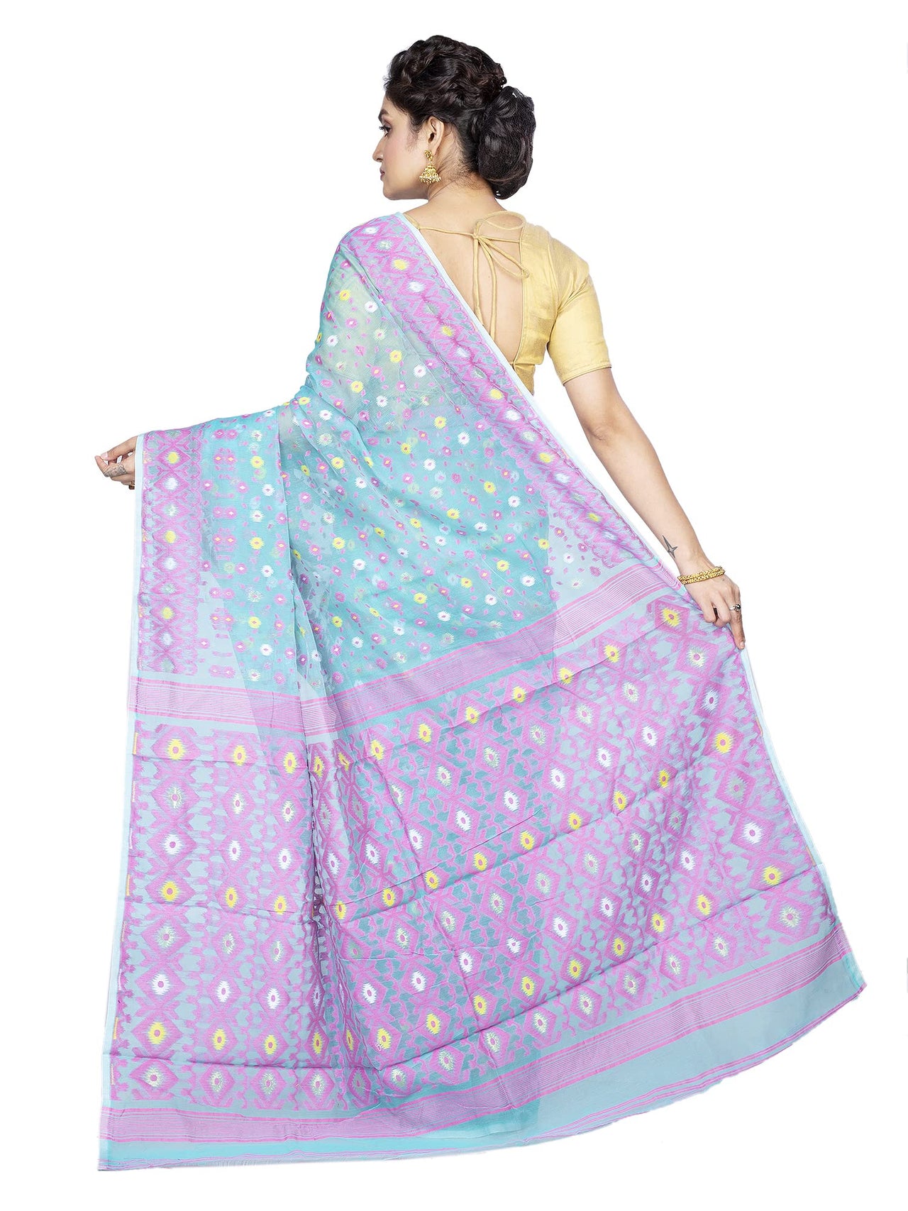T.J. SAREES Women's  Jamdani Silk Blend Saree Without Blouse Piece