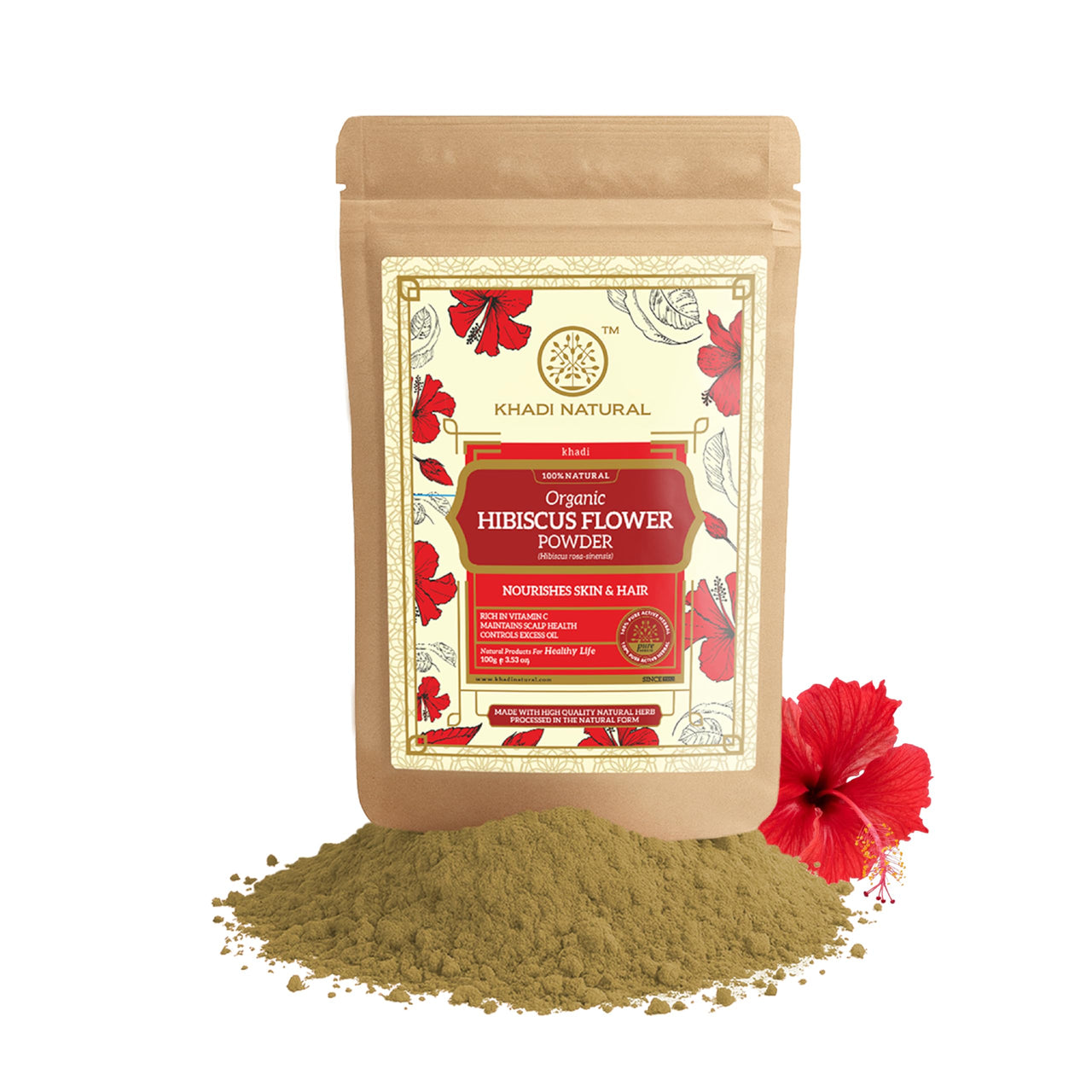 Khadi Natural Hibiscus Flower Organic Powder | Hair Conditioning & Strength | Boosts Growth, Adds Shine | No Chemicals | For all hair types | 100 gm