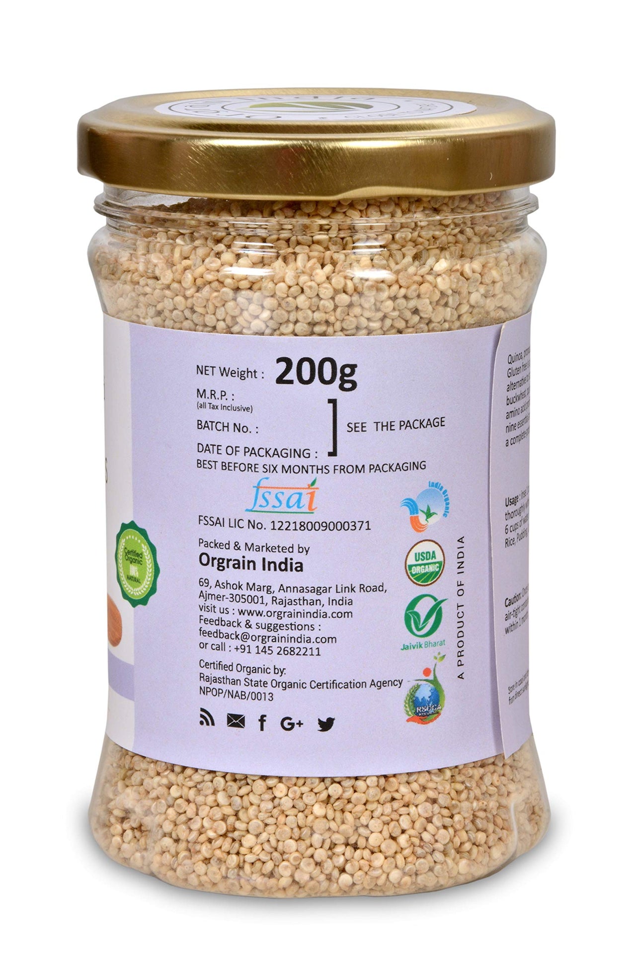 Orgrain India Organic Quinoa Seeds 400g (Pack of 2 * 200g) | Gluten Free, High Fibre, Best for Weight Loss | Company-Owned Farmlands