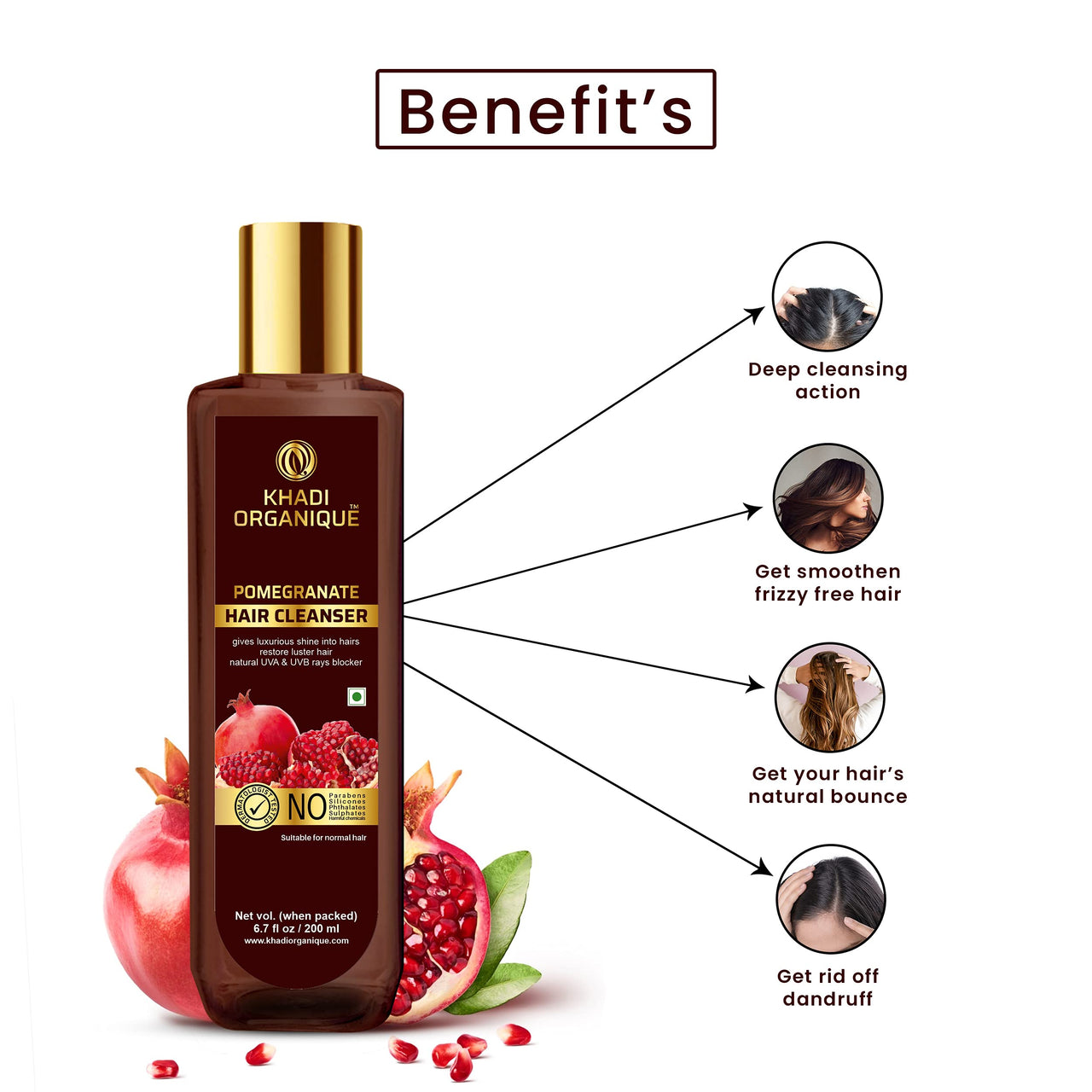 KHADI ORGANIQUE Pomegranate Hair Cleanser Natural UVA & UVB Rays Blocker (SLS & PARABEEN FREE) 200ML