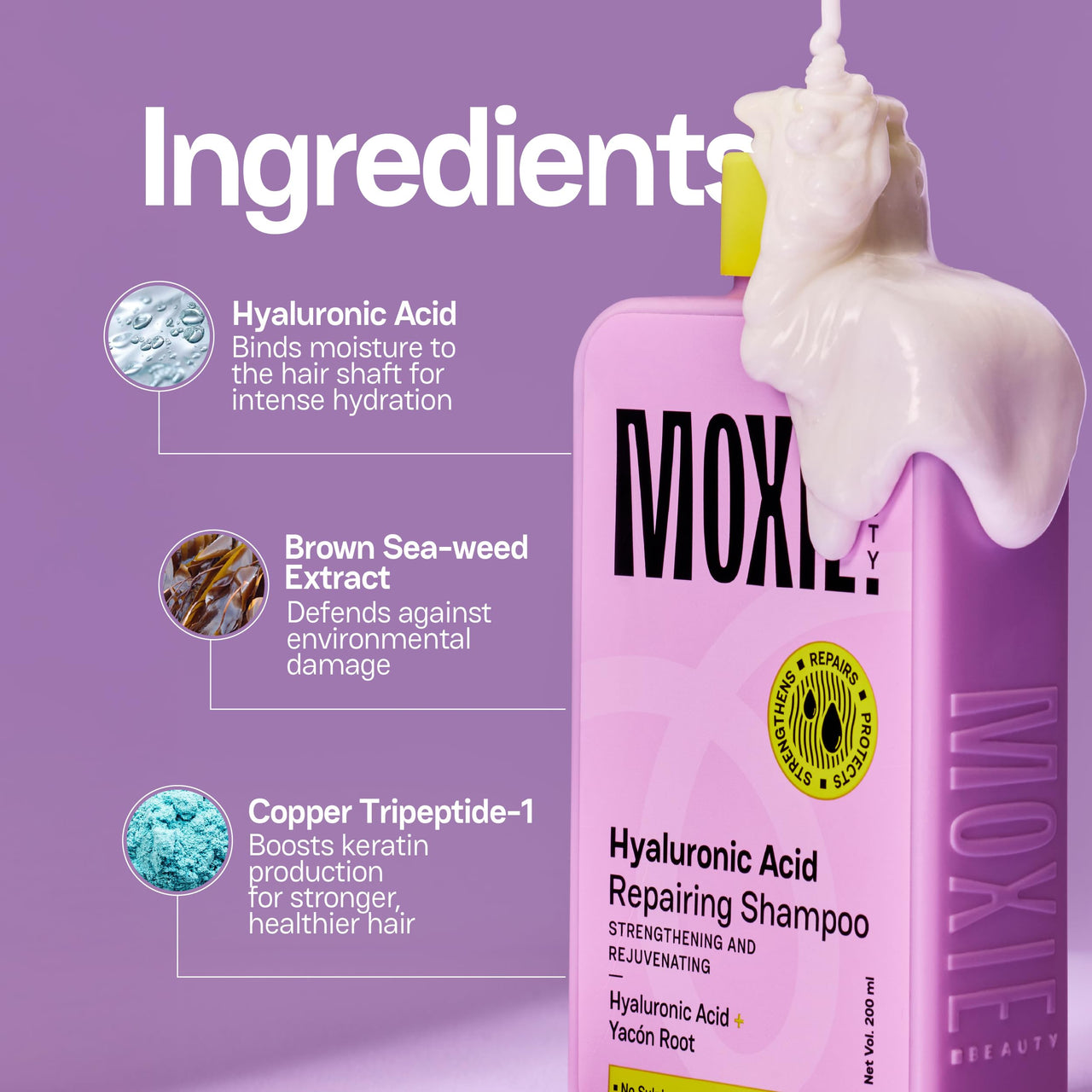 Moxie Beauty Hyaluronic Acid Repair Shampoo | Sulfate-Free & Deep Hydration | Strengthens & Revives Dry Hair | Prevents Frizz & Breakage | 200ml