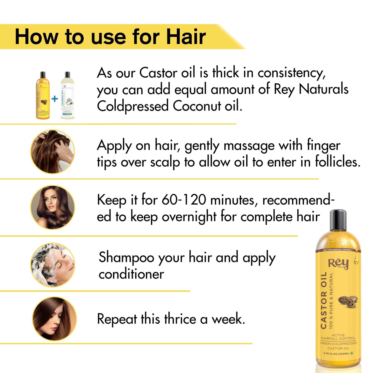 Rey Naturals Olive Oil, Castor Oil & Rosemary Oil For Hair Growth, Smooth ends & Hairfall Control -200ml*2 + 15ml | Cold Pressed Oil For Skin & Hair Care, Shiny Smooth Hair & Dandruff Free Scalp