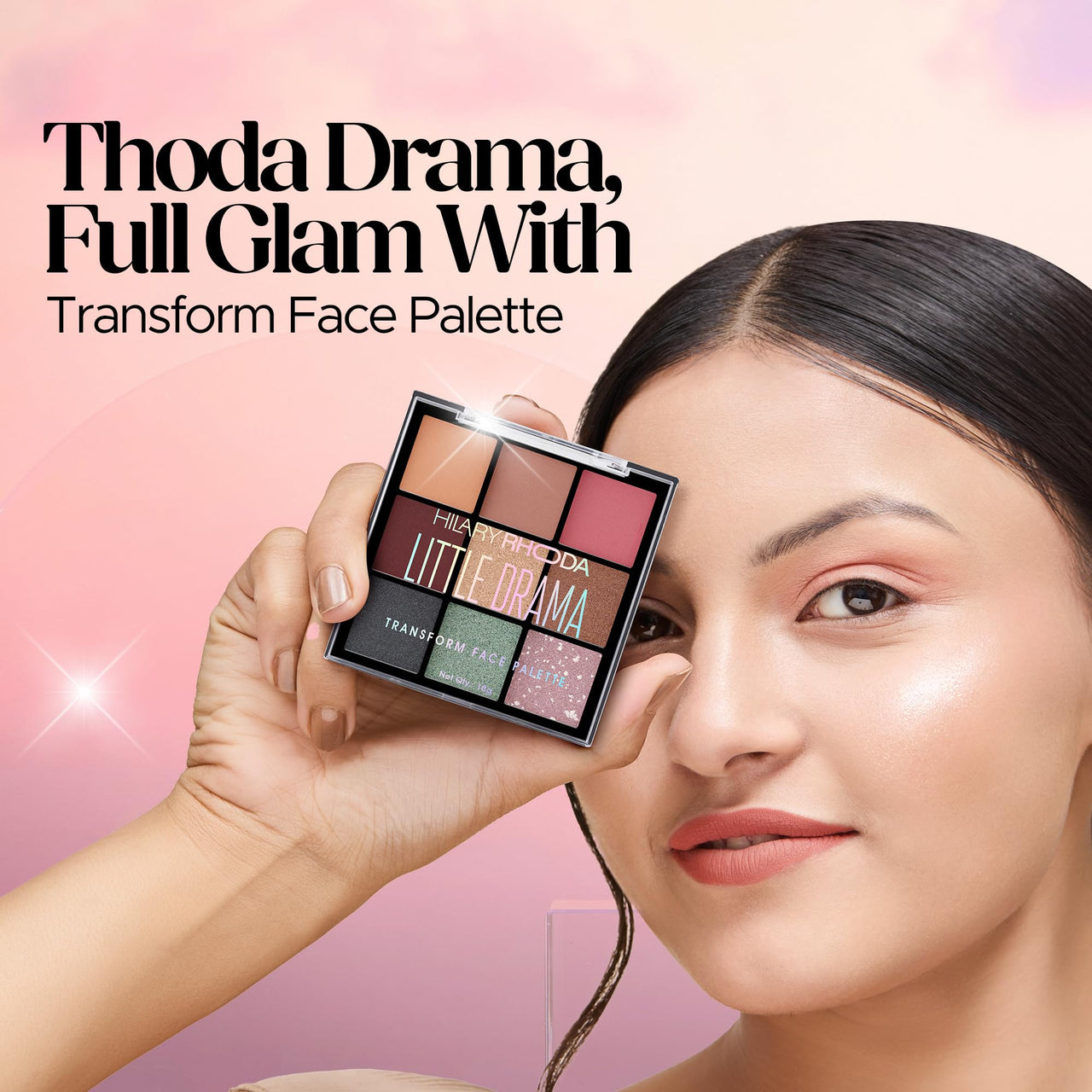 Hilary Rhoda Transform Face Palette | 9 Eyeshadows | 2 Blushes | Highlighter & Contour | Highly Pigmented | Available in 2 Variants | Matte & Shimmer Finish | All-in-One Kit | 18g (Little Drama - Shade 02)