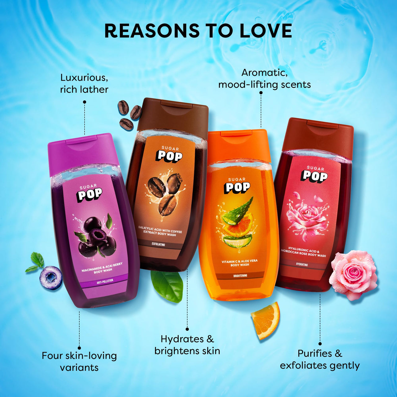 SUGAR POP Hyaluronic Acid & Moroccan Rose Body Wash | Hydrating | Anti-Bacterial, Soothing | Aromatic Wash | 250ml