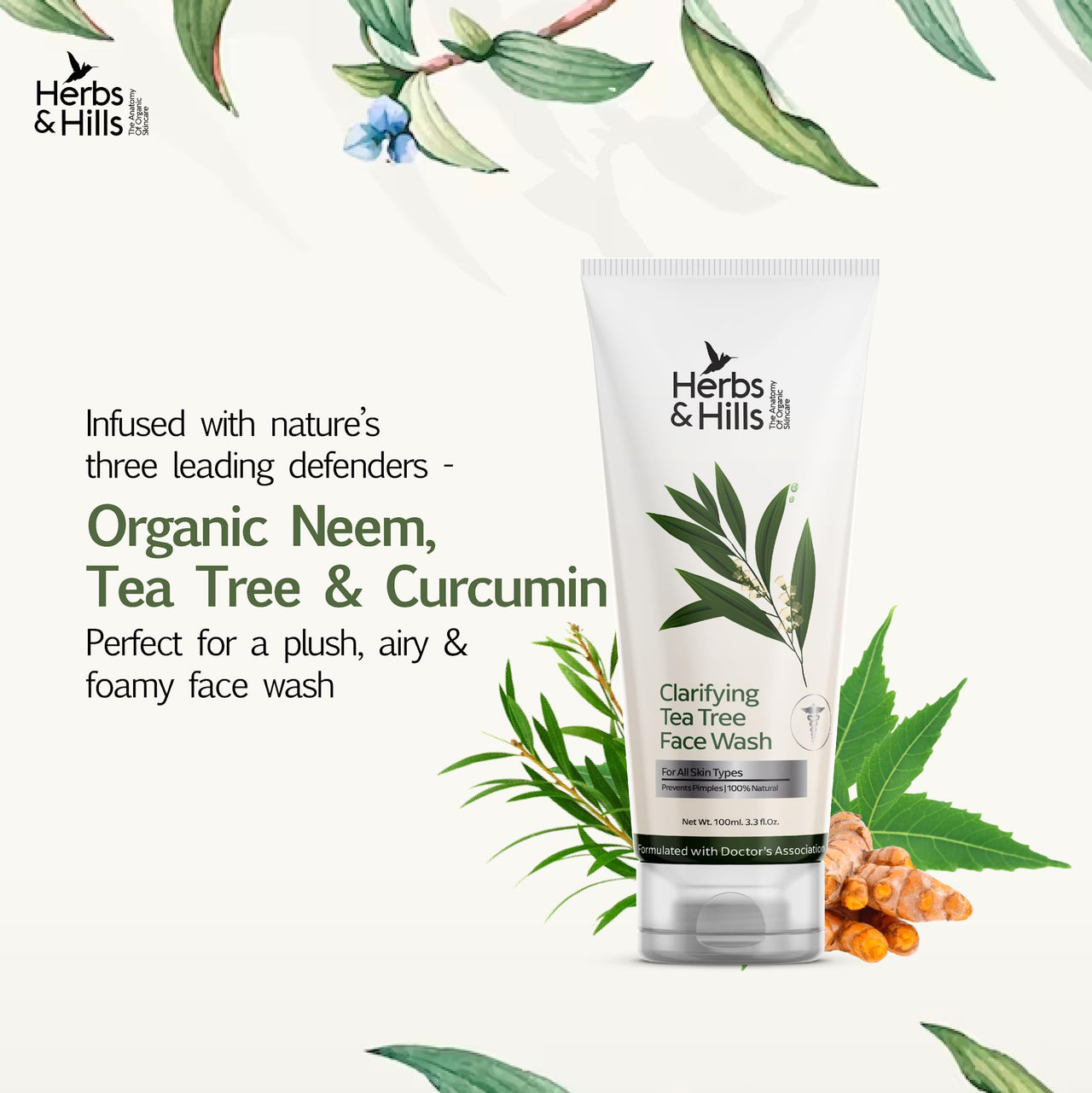 Herbs & Hills Clarifying Tea Tree Face Wash 100ml Anti Acne, Organic & Natural | Help to Clear Excess Oil | Remove Impurities and Prevent Pimples | Relieving Skin Irritation