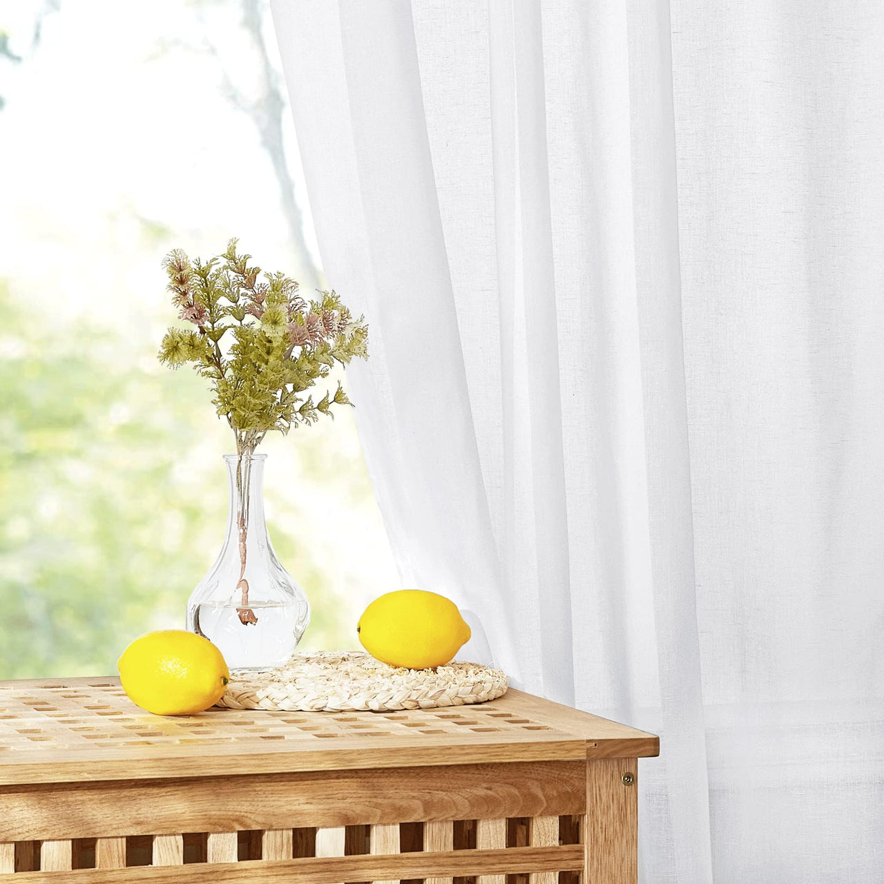 NICETOWN Kitchen Window Curtains, Rod Pocket Semi Sheer Linen Drapes Short Small Curtains Privacy Protection with Light Filtering for Bathroom/Cafe, White, W42 x 45", 2 Panels W42 x L45 *White