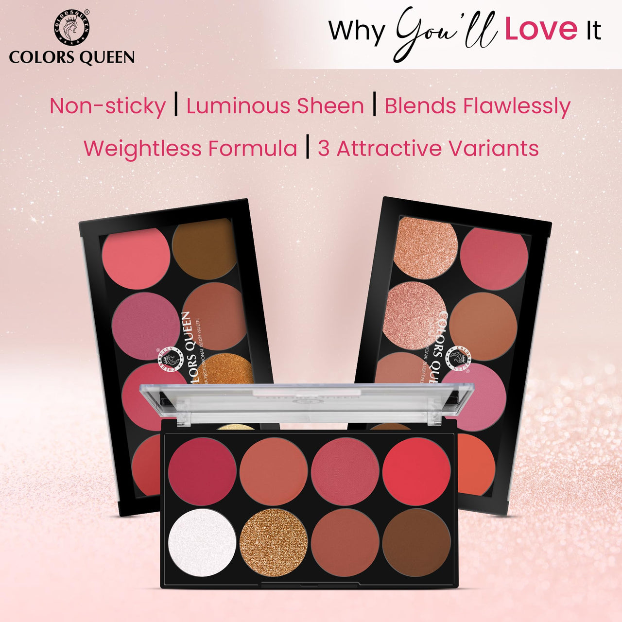 Colors Queen Ultra Professional Blush Palette with Shimmer Highlighters and Contour | Highly Pigmented & Easy to Blendable Shades | Lightweight Blush and Highlighter Palette (Shade - 03)