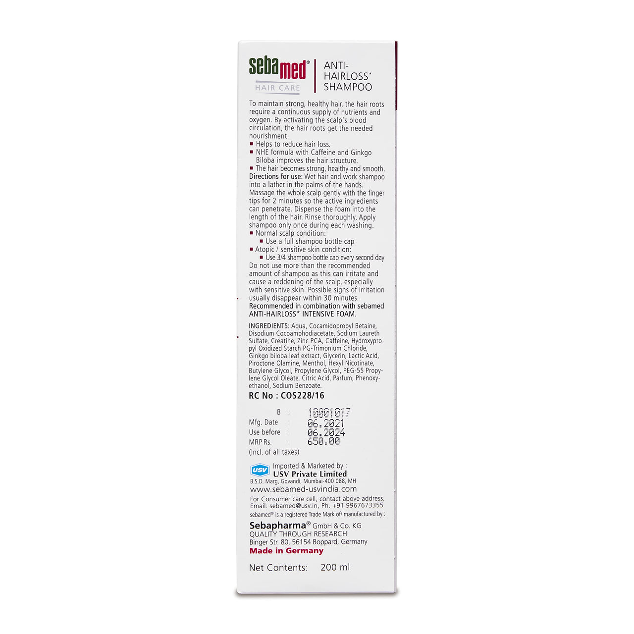 Sebamed Anti Hairloss Shampoo 200Ml | Ph 5.5 | Reduces Hairloss | Caffeine & Gingko Biloba | All Hair Types | Pack of 3